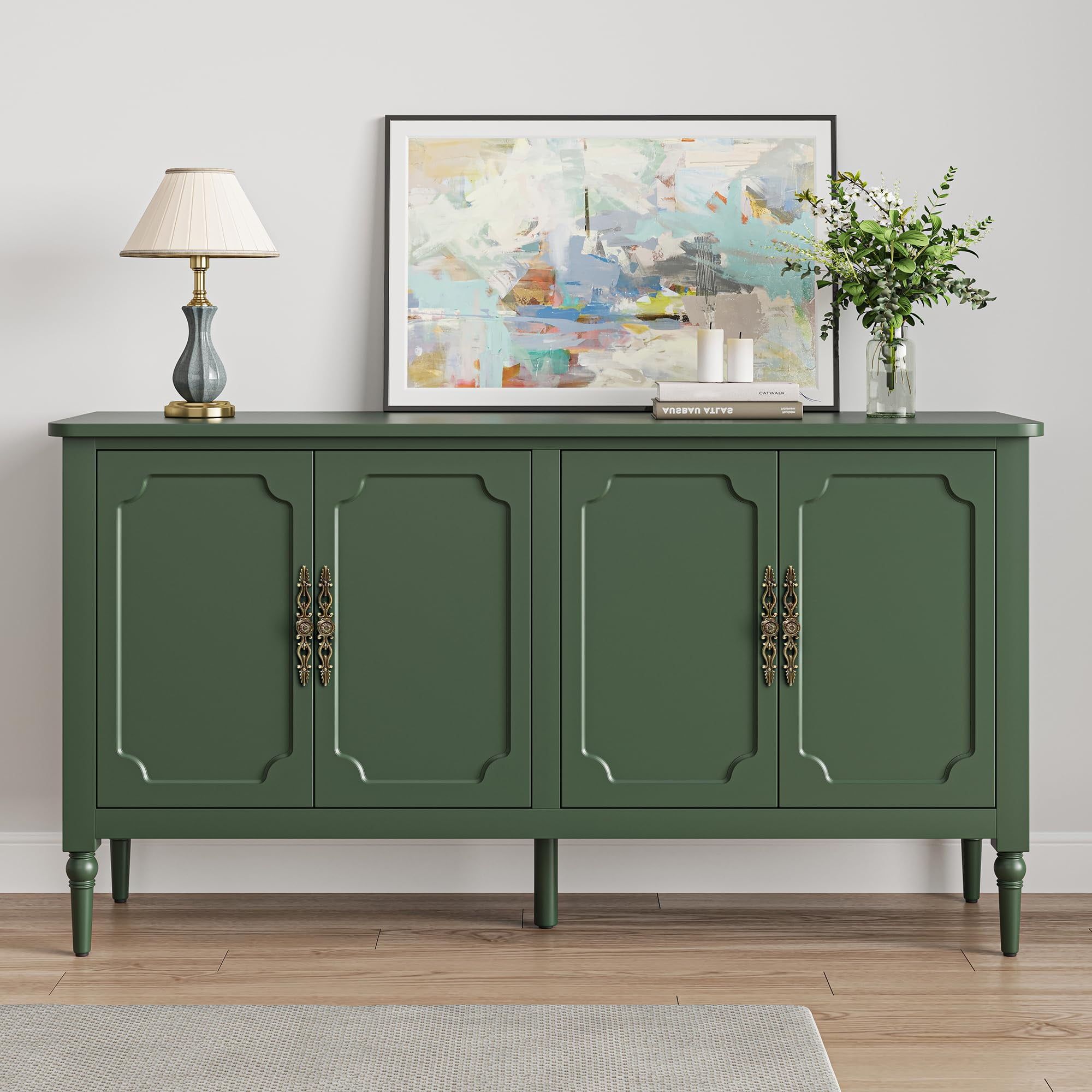 Green Painted Wood Sideboard Buffet Cabinet with Bronzed Metal Handles