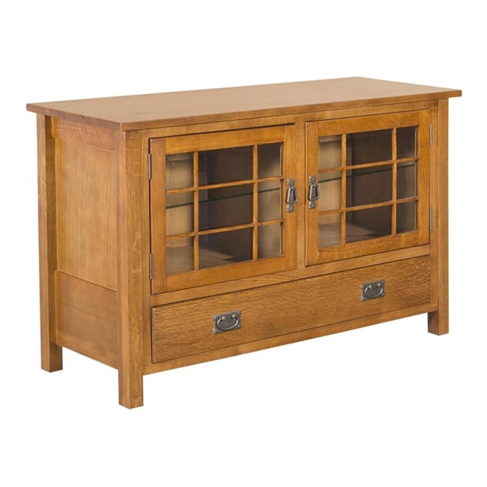 Light Oak Wood TV Stand with Glass Doors and Drawer