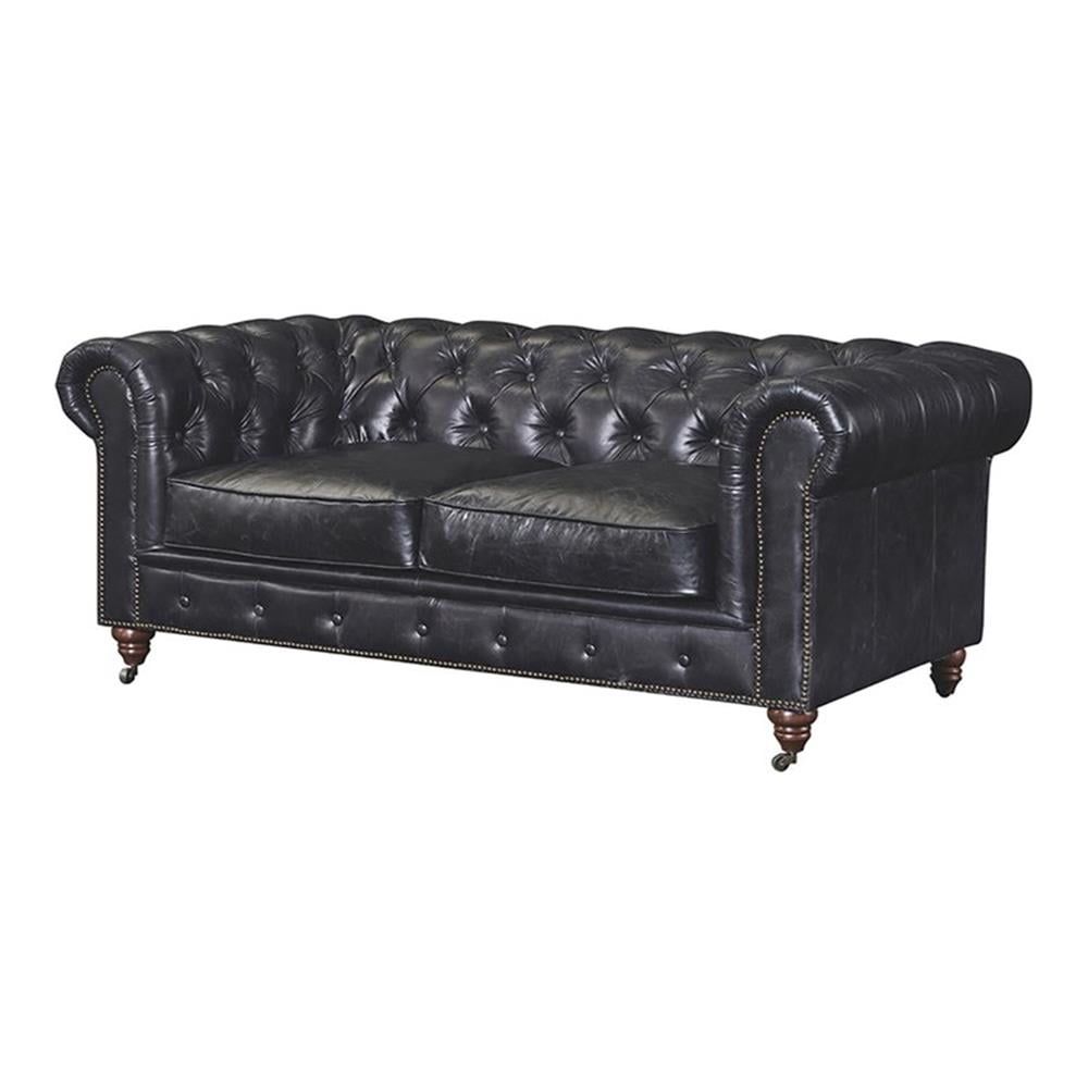 72" Black Leather Chesterfield Loveseat with Nailhead Trim