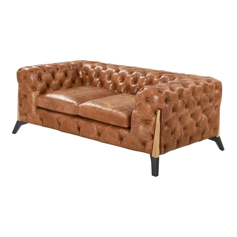 Light Brown Leather Tufted Chesterfield Loveseat with Gold Accents