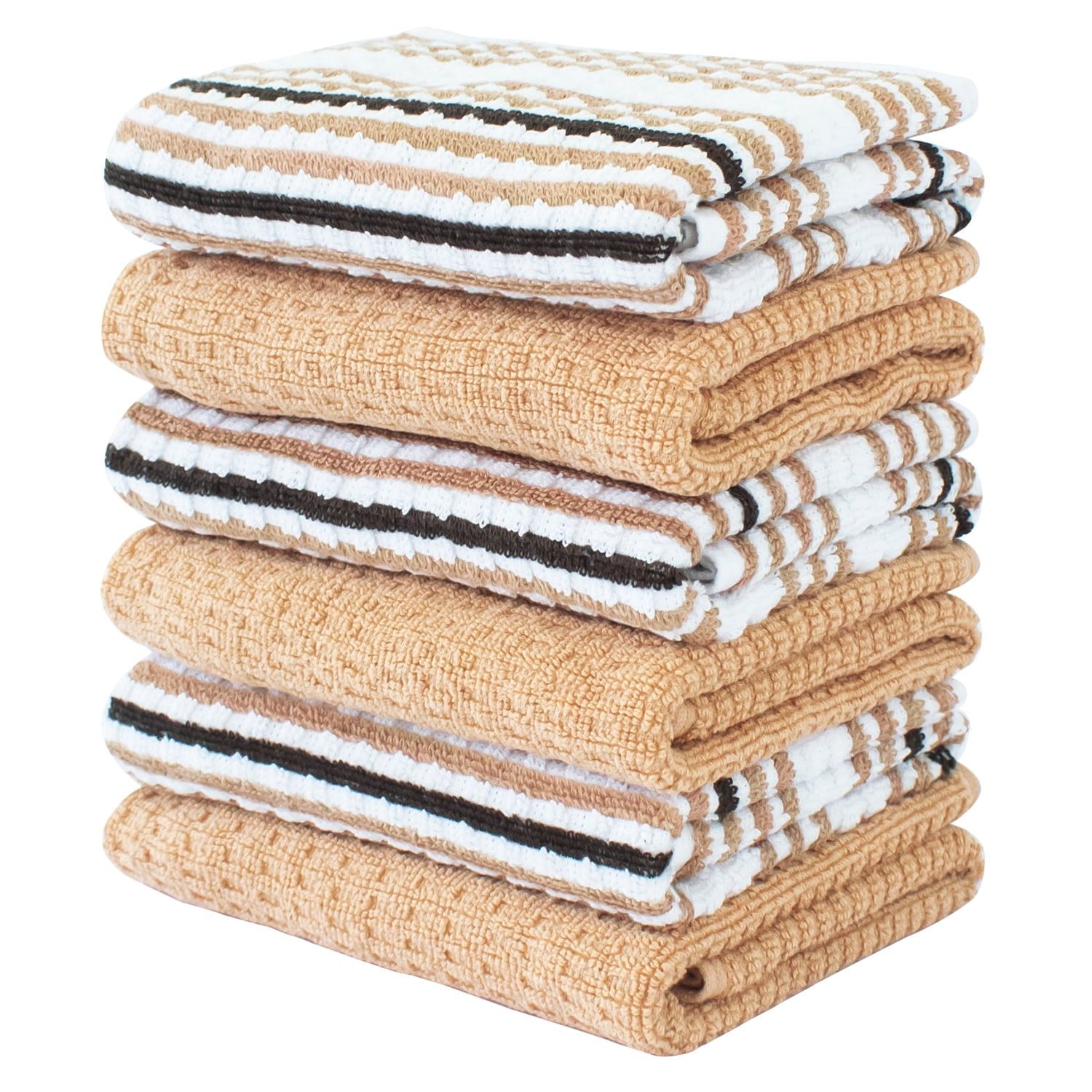 Craftsworth 15x26 Tan Stripe Cotton Kitchen Towels, Pack of 6