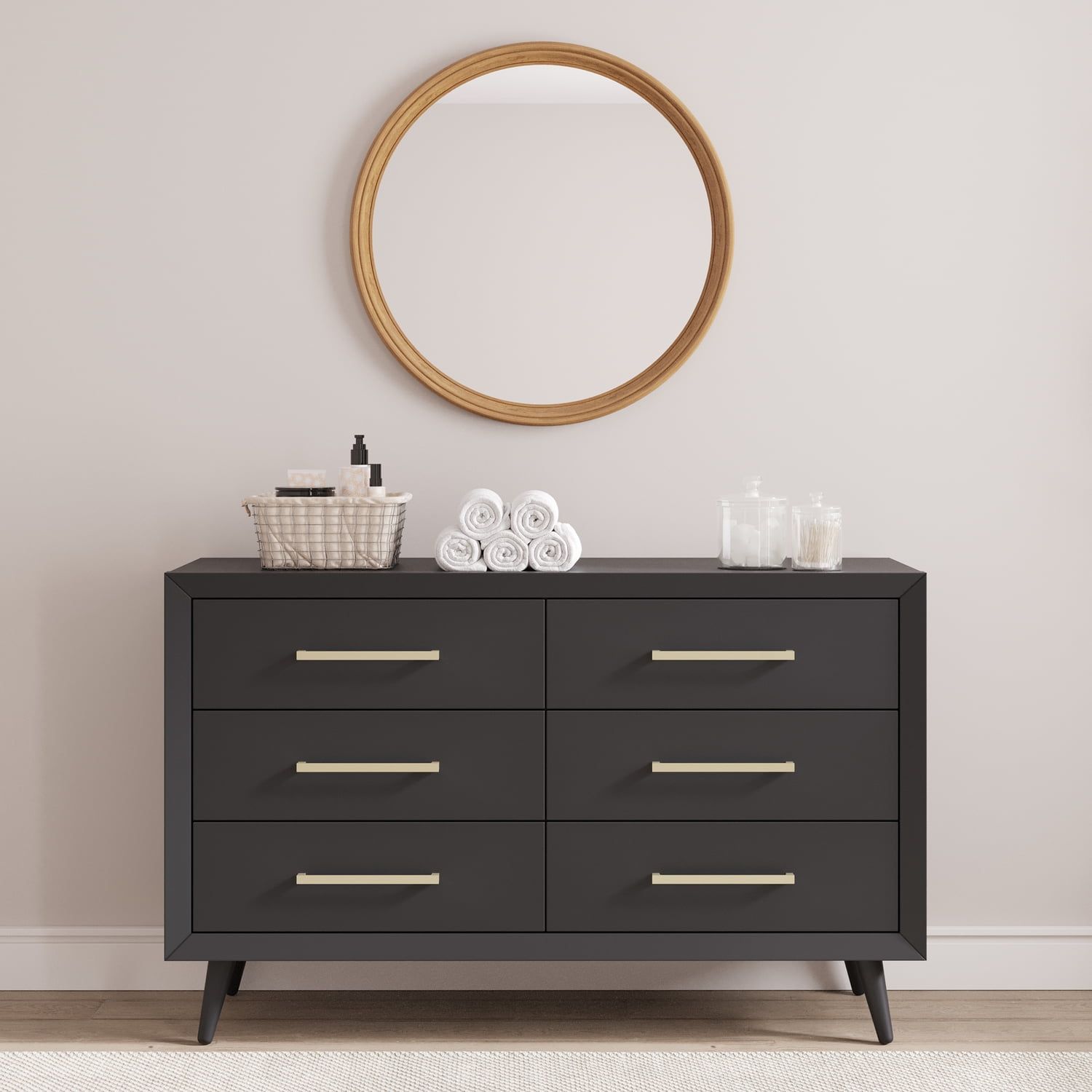 Ebony Mid-Century Modern Double Dresser with Turned Legs