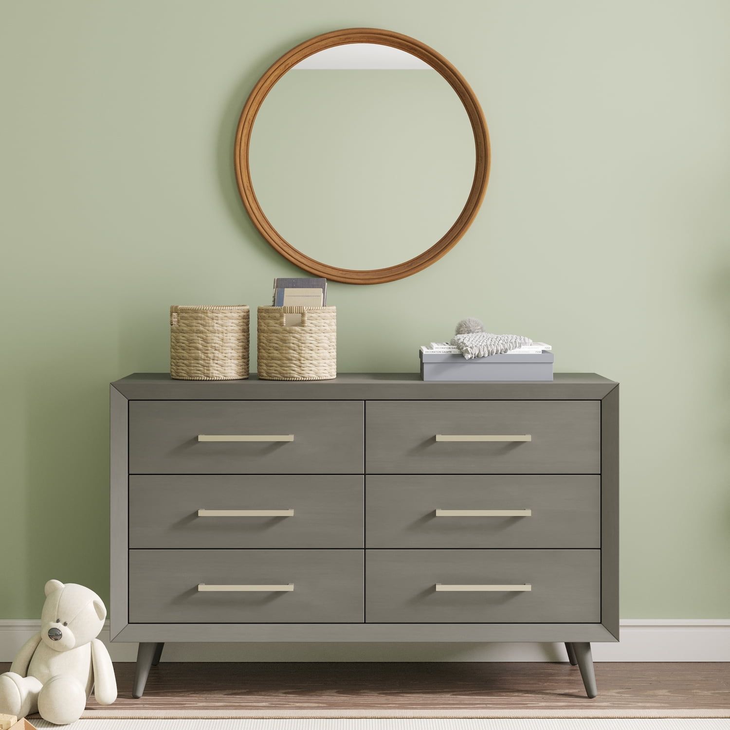 Lunar Gray Mid-Century Modern Double Dresser with Turned Legs