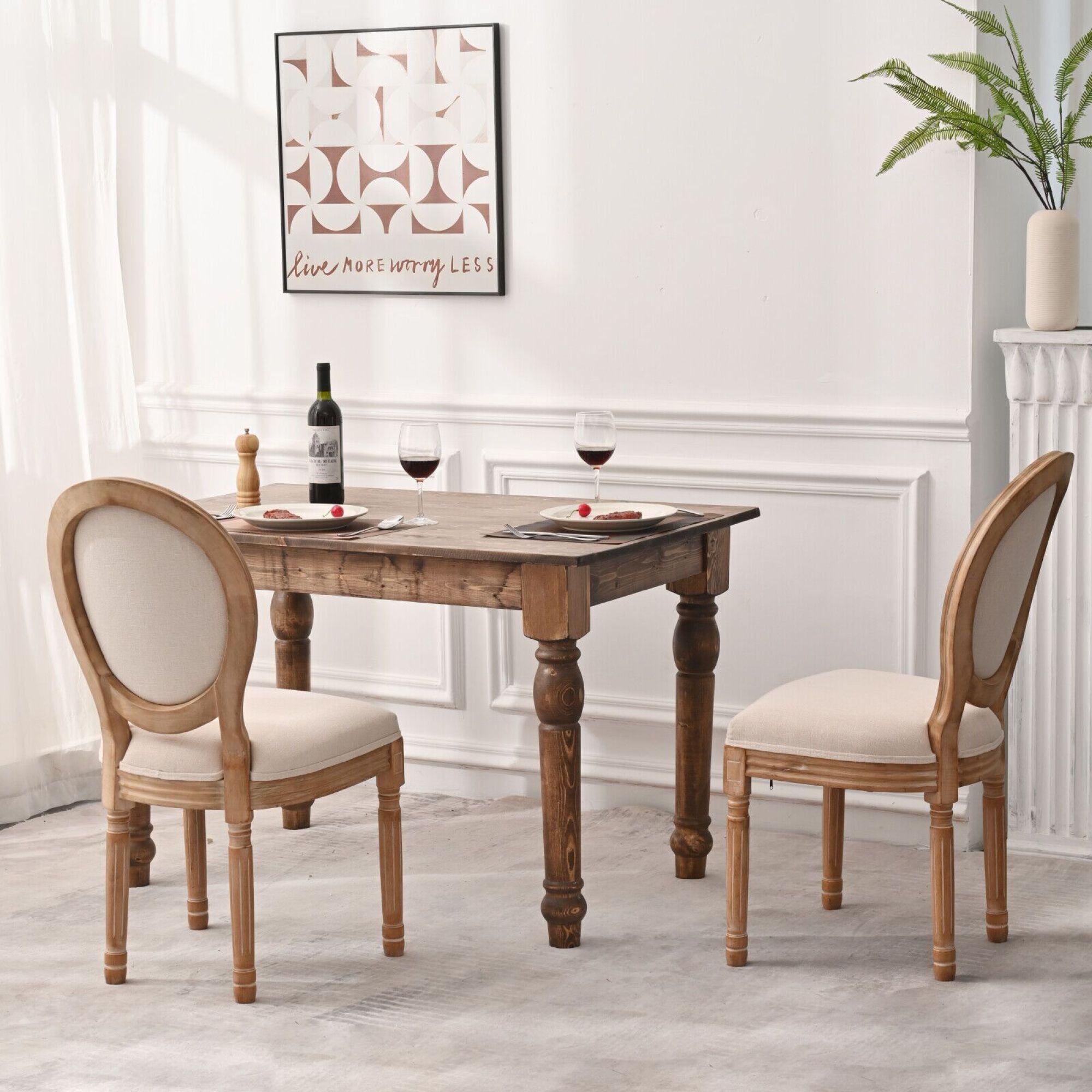 Cream French Country Dining Chairs Set of 2 – Round Back, Upholstered with Solid Wood Legs for Living Room or Events