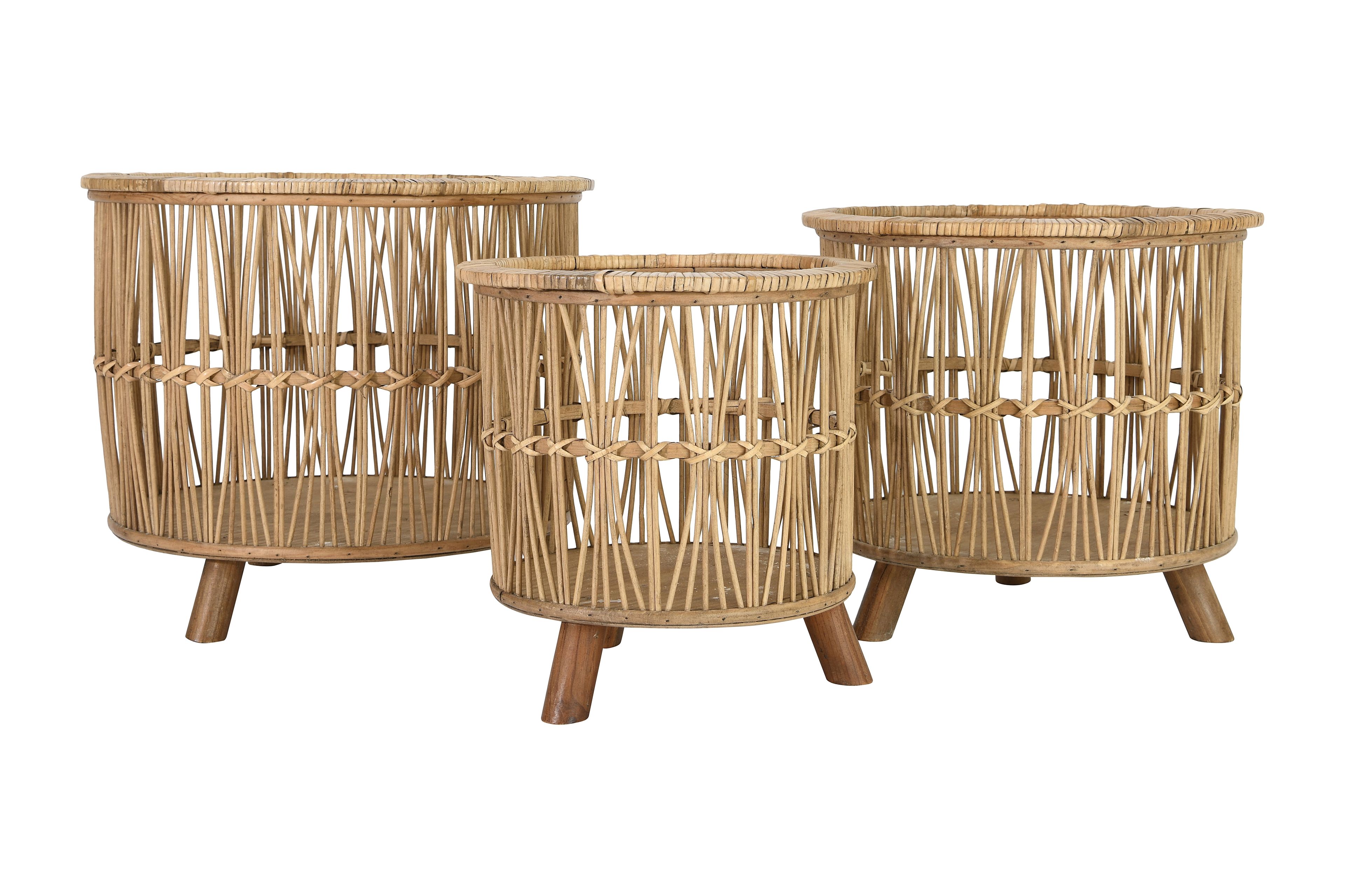 Set of 3 Round Beige Rattan Storage Baskets