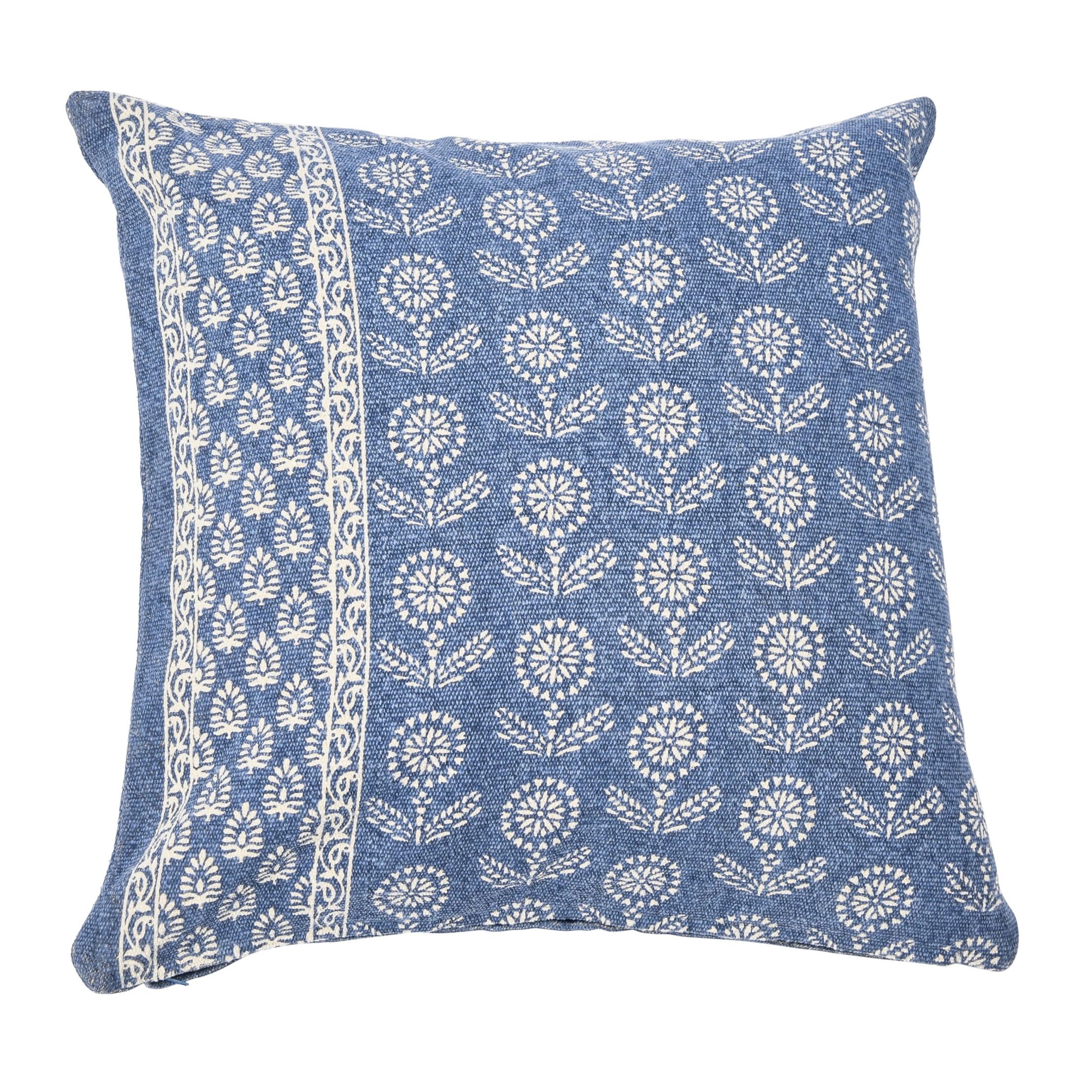 Indigo Blue Cotton Floral Square Pillow Cover 20"