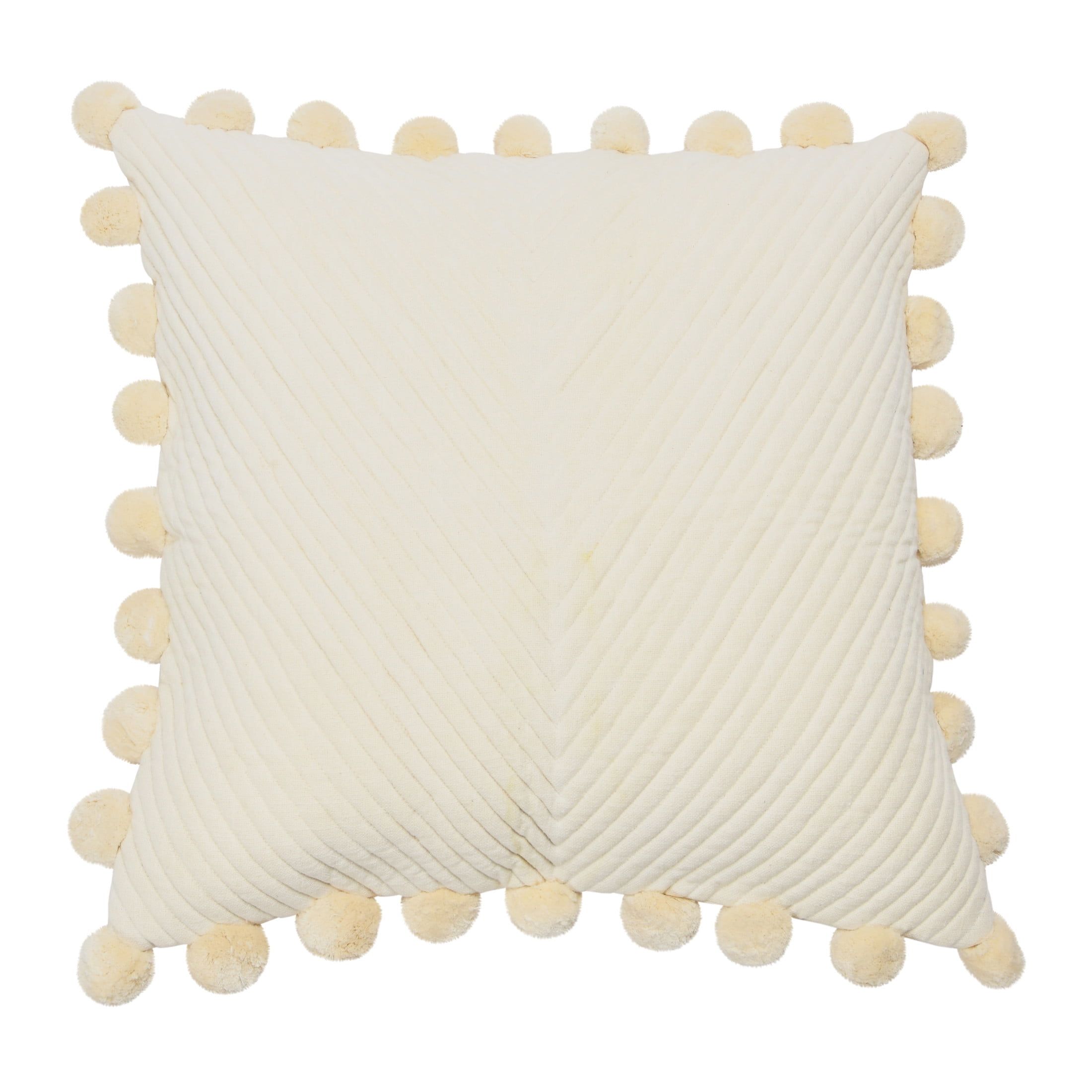 Cream Quilted Cotton Pillow Cover with Pom Pom Trim, 20" Square