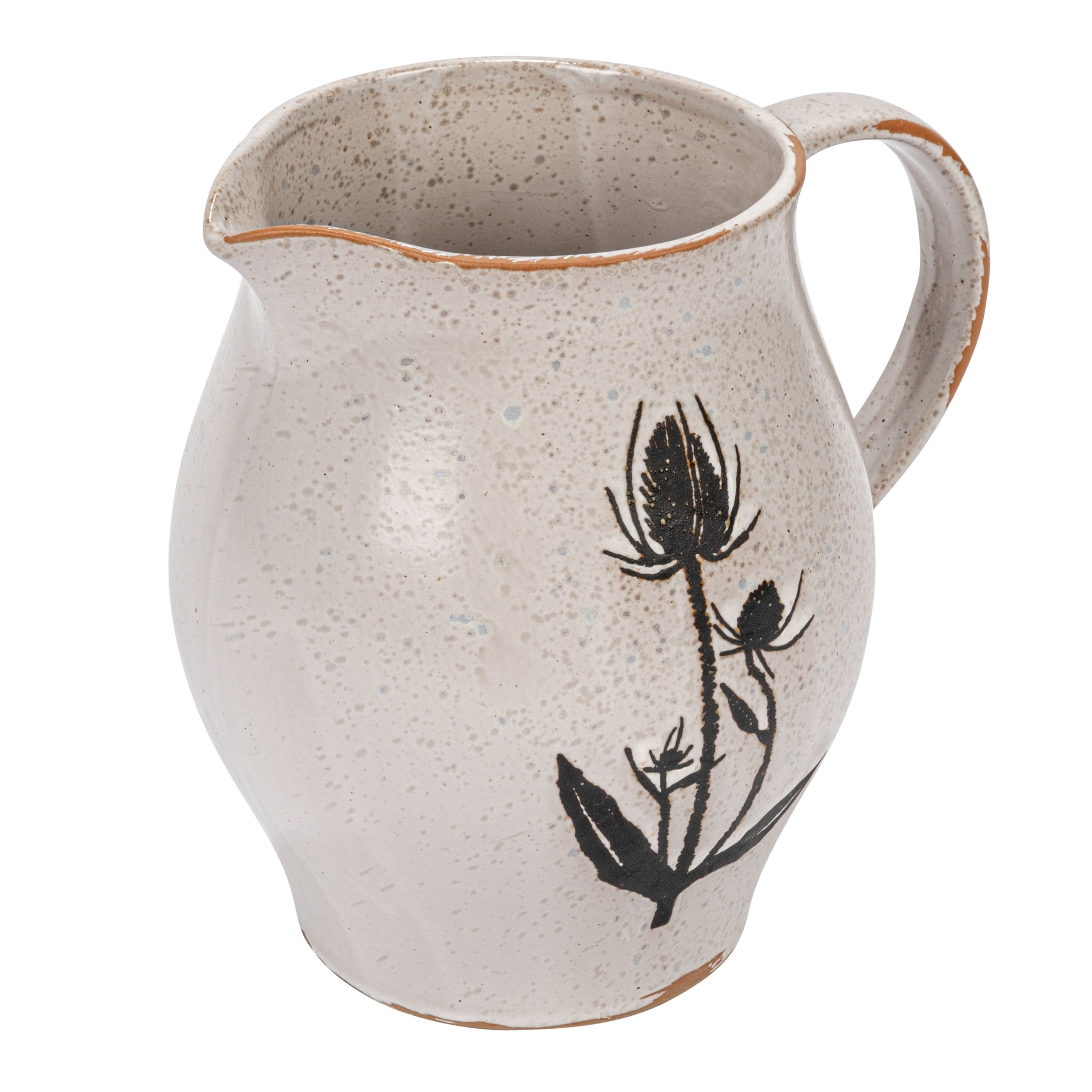 White and Black Stoneware Pitcher with Flower Design, 50 oz