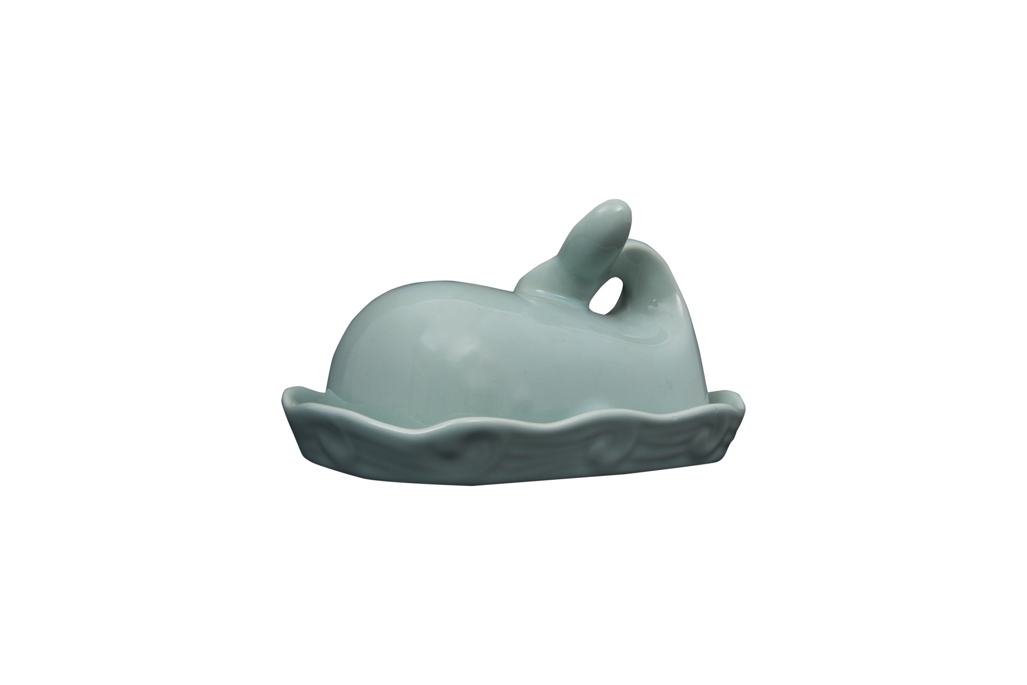 Aqua Blue Whale Shaped Stoneware Butter Dish