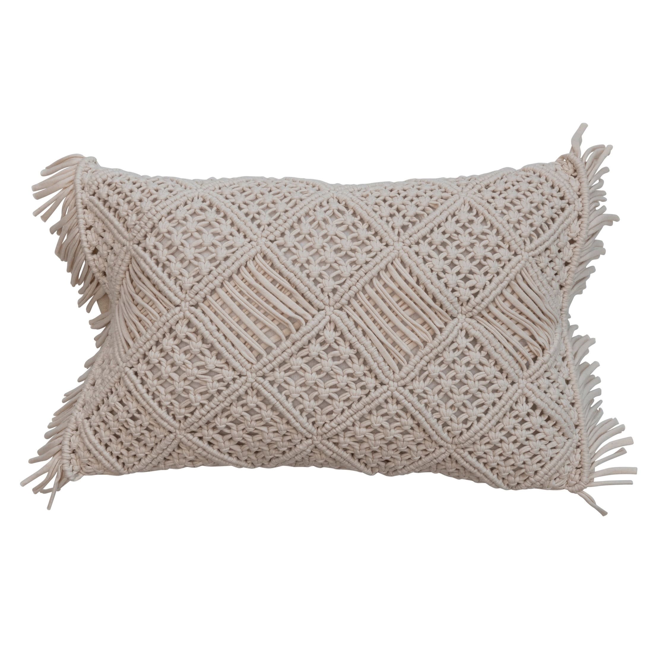 Ivory Handwoven Cotton Macramé Lumbar Pillow with Fringe