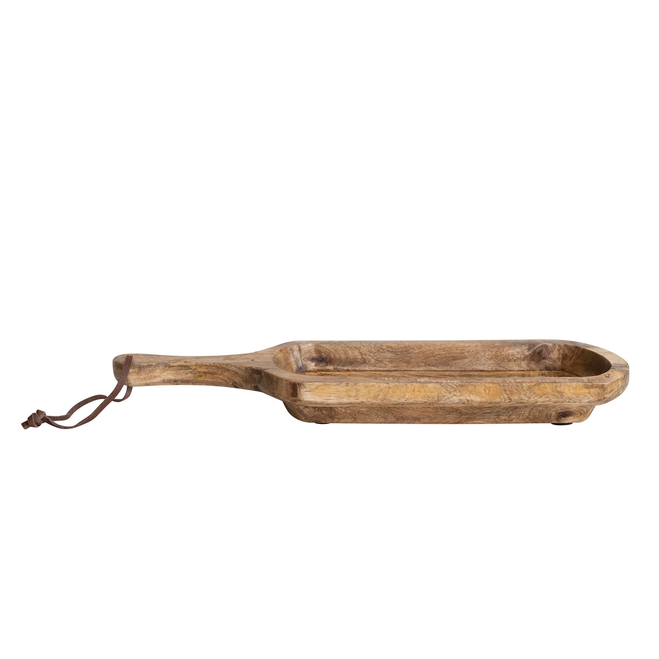 Natural Mango Wood Serving Tray with Handle and Leather Tie