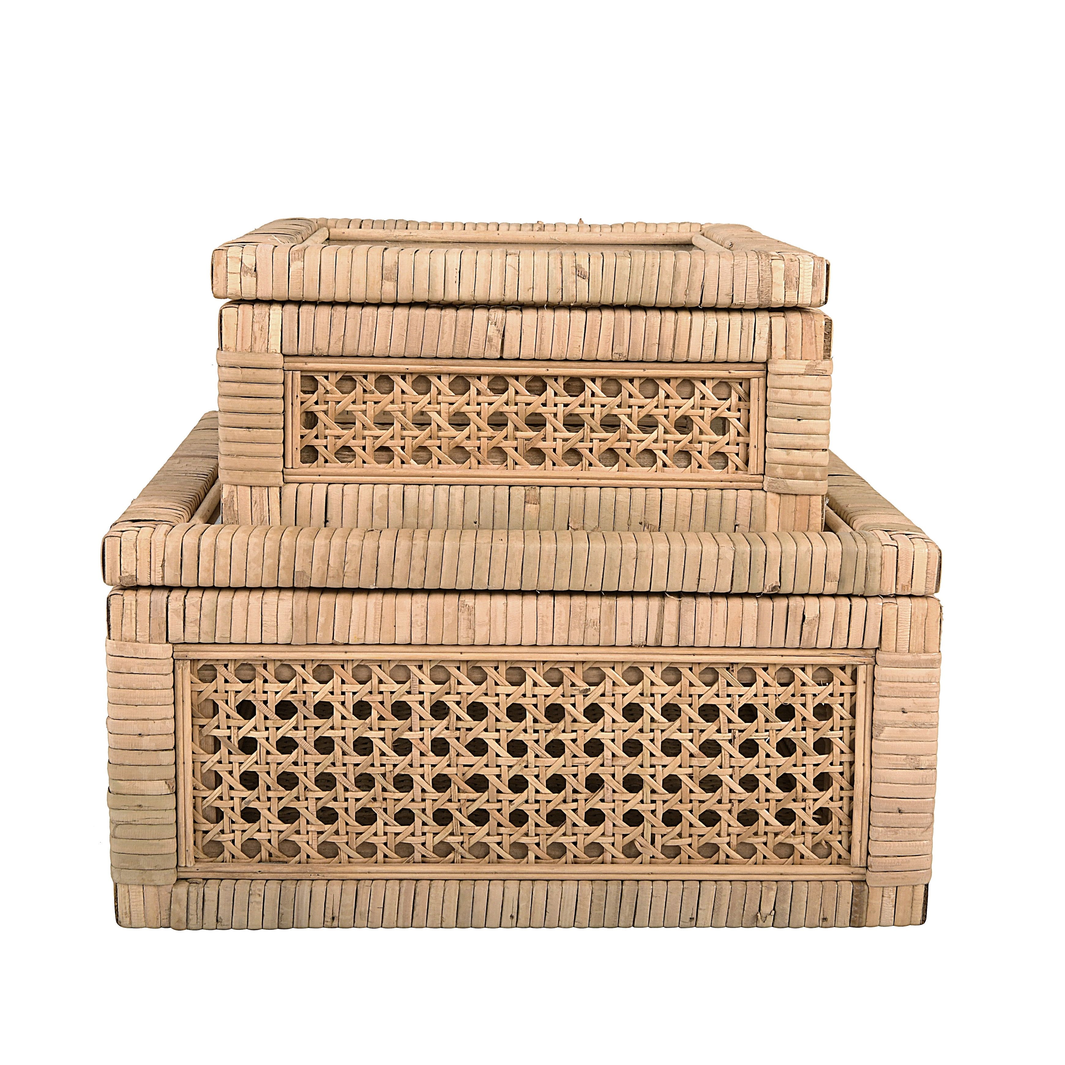 Natural Woven Rattan and Wood Lidded Display Boxes with Glass Lids, Set of 2