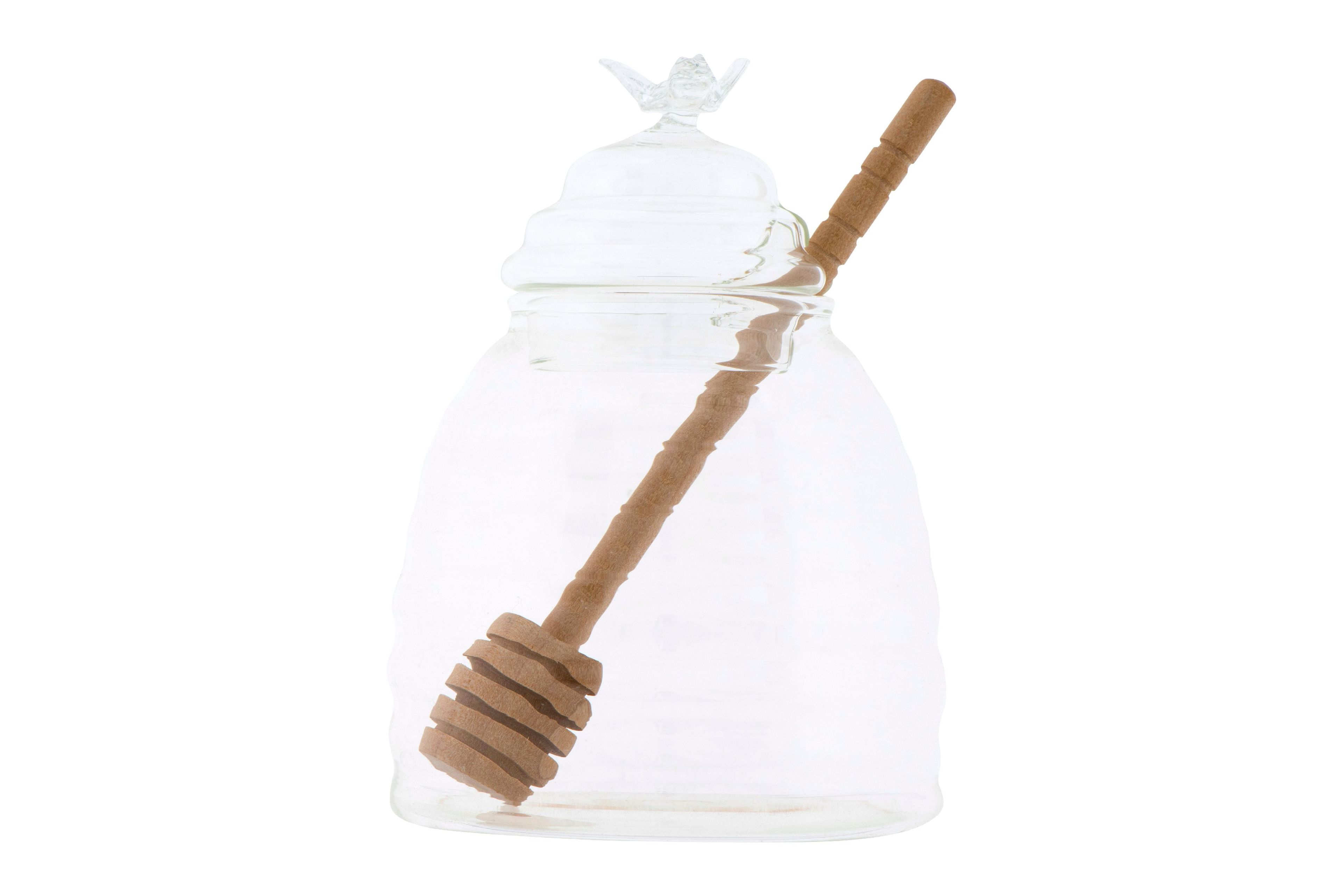 Clear Glass Honey Pot with Lid and Bamboo Dipper