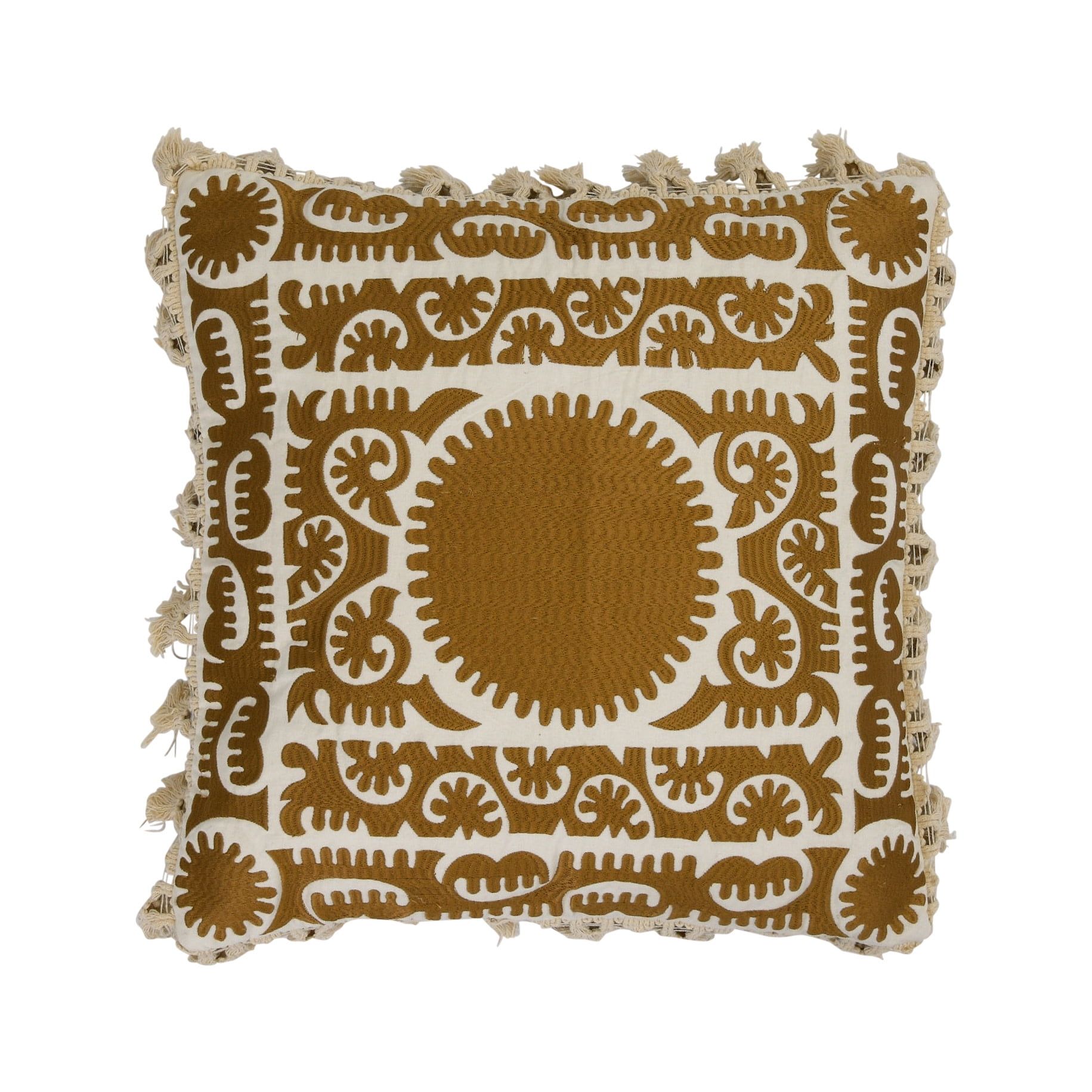 Gold and Cream Embroidered Cotton Square Pillow with Tassels