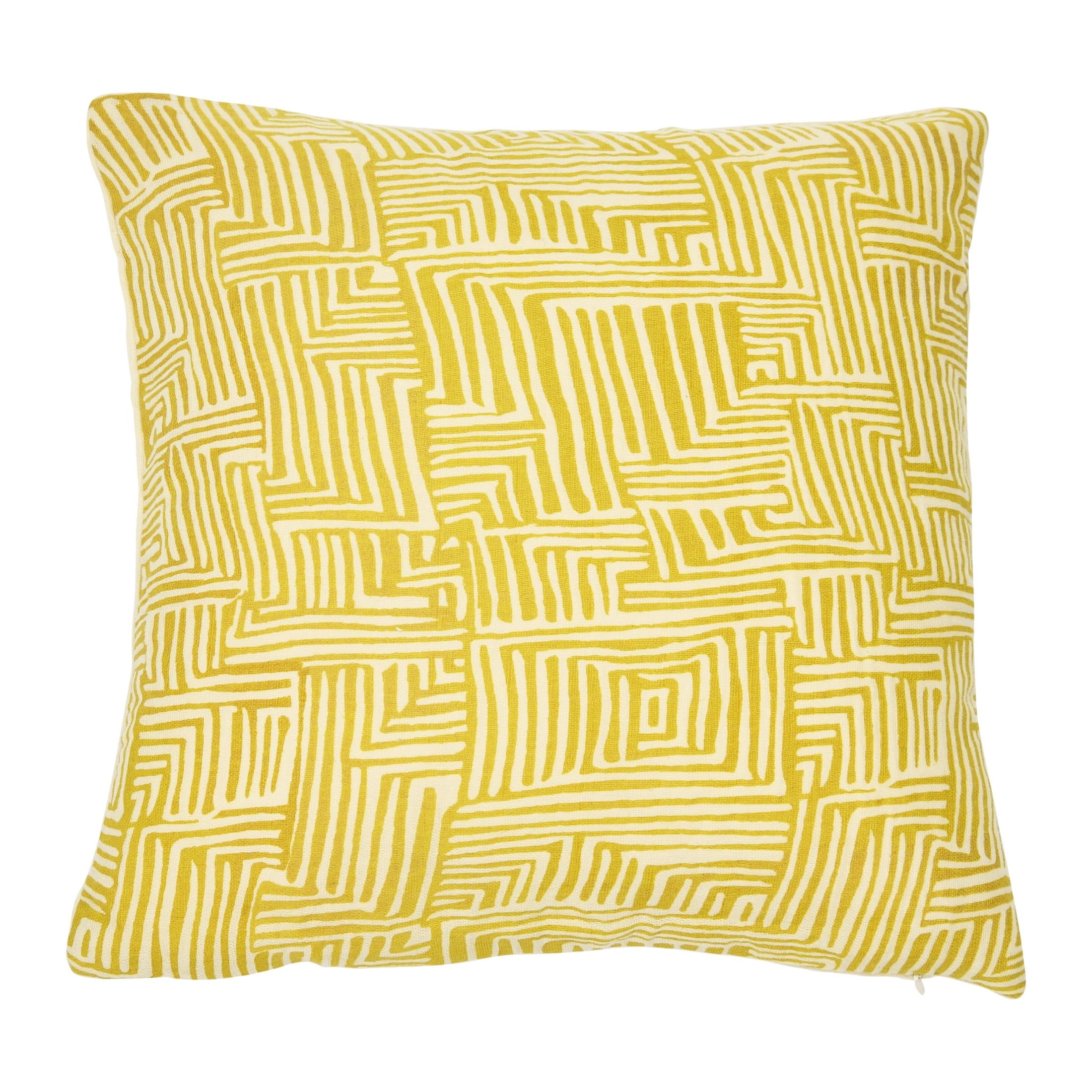 16" Yellow and White Cotton Pillow with Geometric Pattern