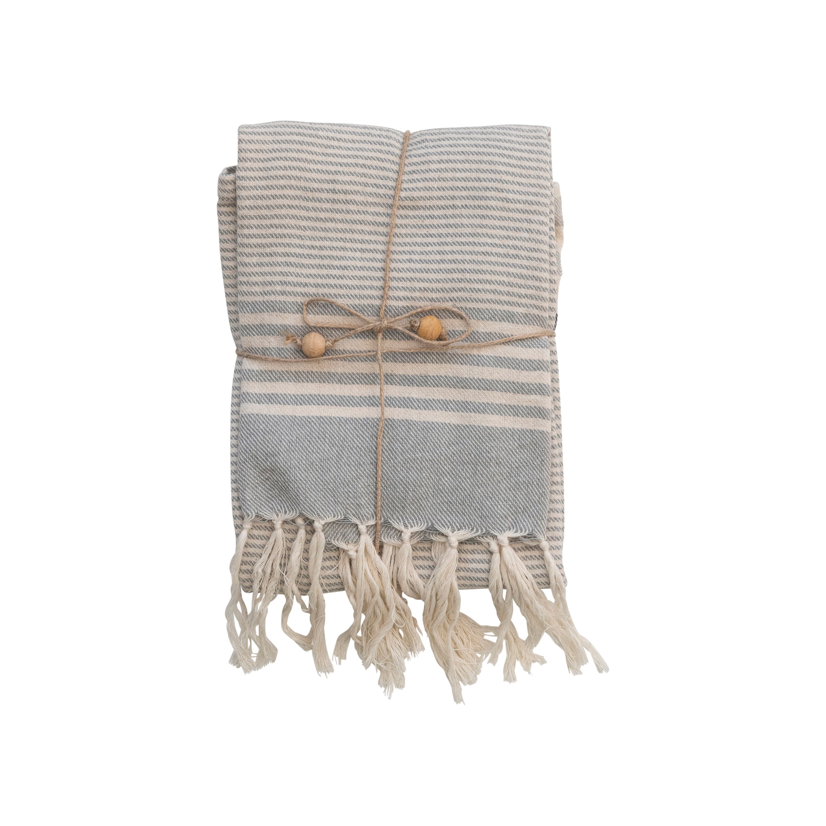 Striped Cotton Tea Towels with Fringe, Set of 3