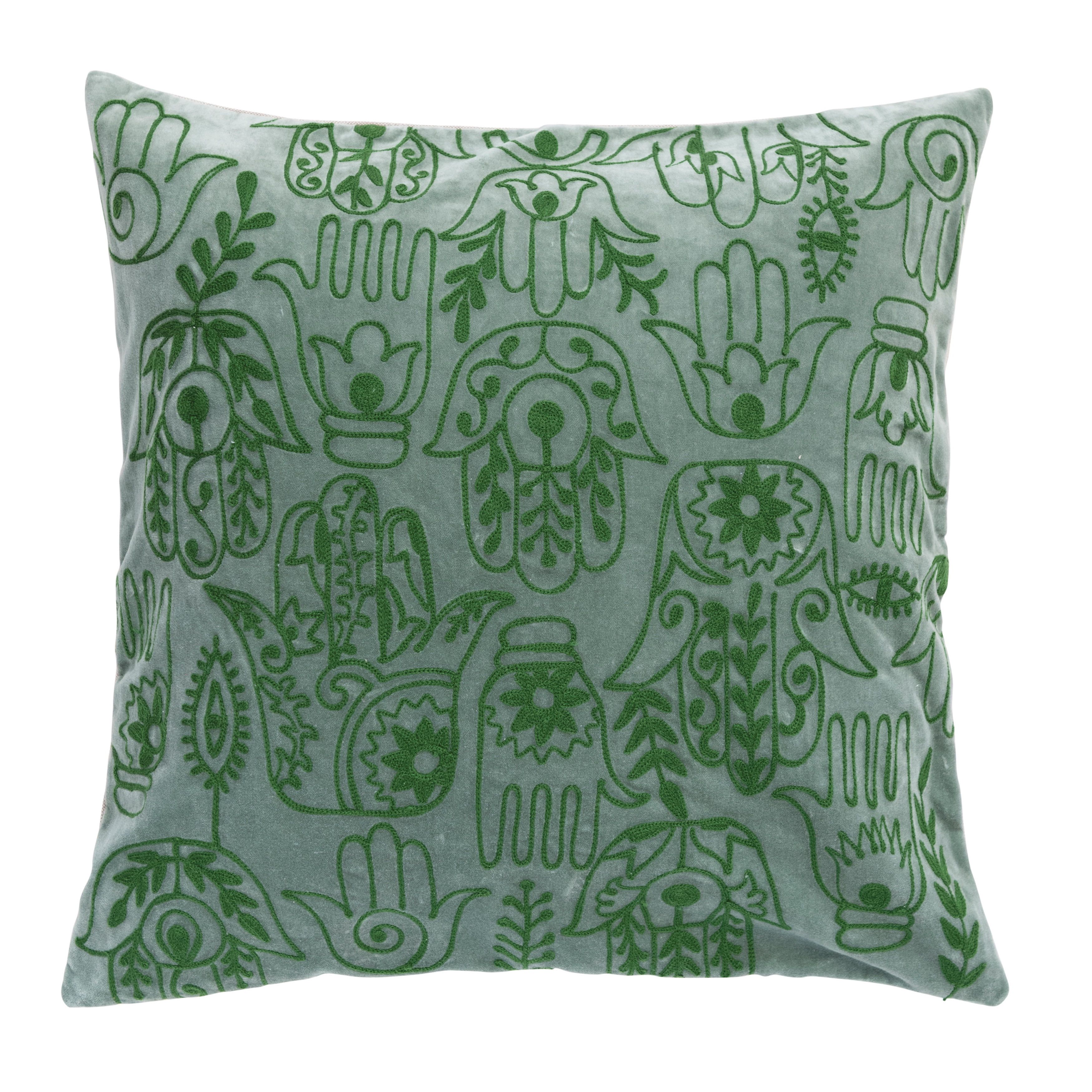 Forest Green Cotton Velvet Throw Pillow with Hamsa Hand Embroidery