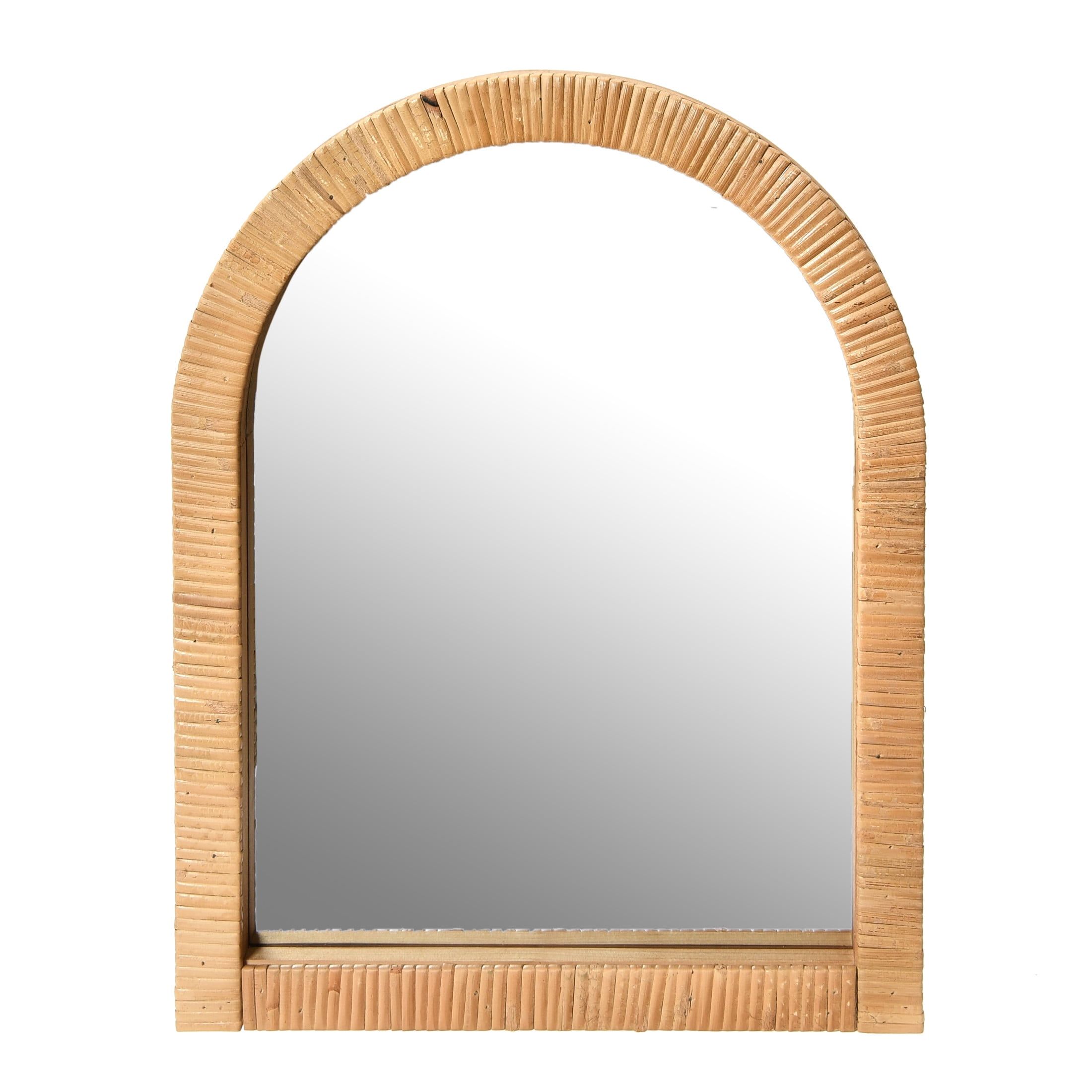 Arched Boho Rattan and Wood Framed Wall Mirror