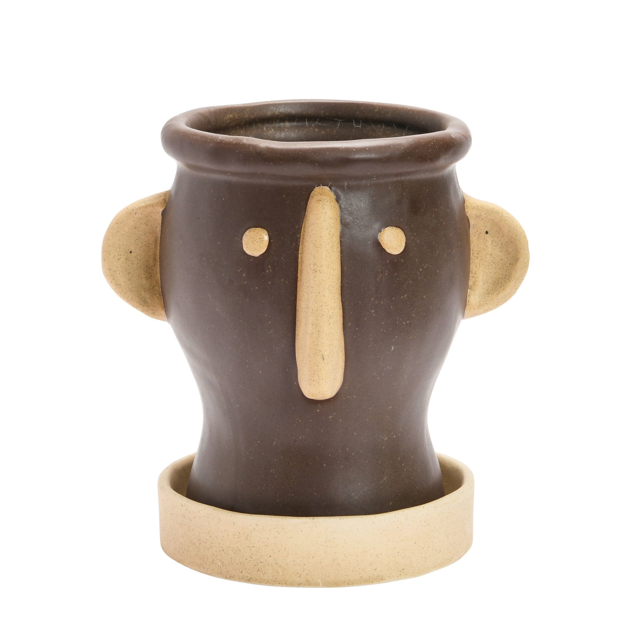 Matte Black and Cream Stoneware Face Planter with Saucer