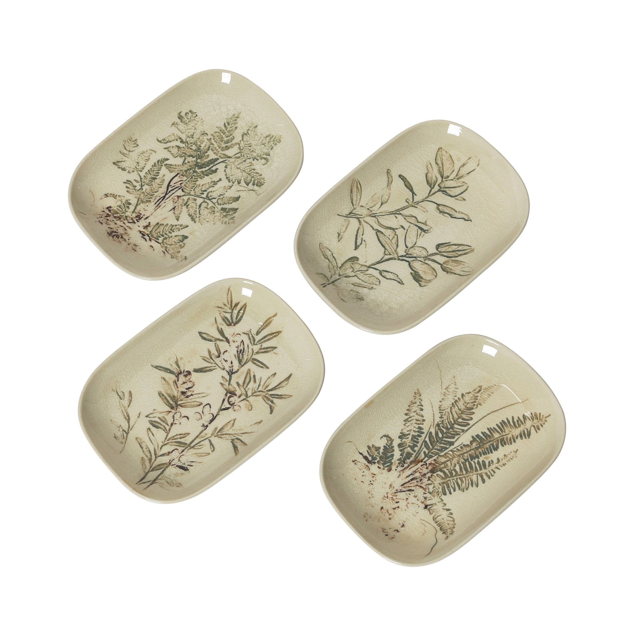 Cream and Green Botanical Debossed Ceramic Dish Set