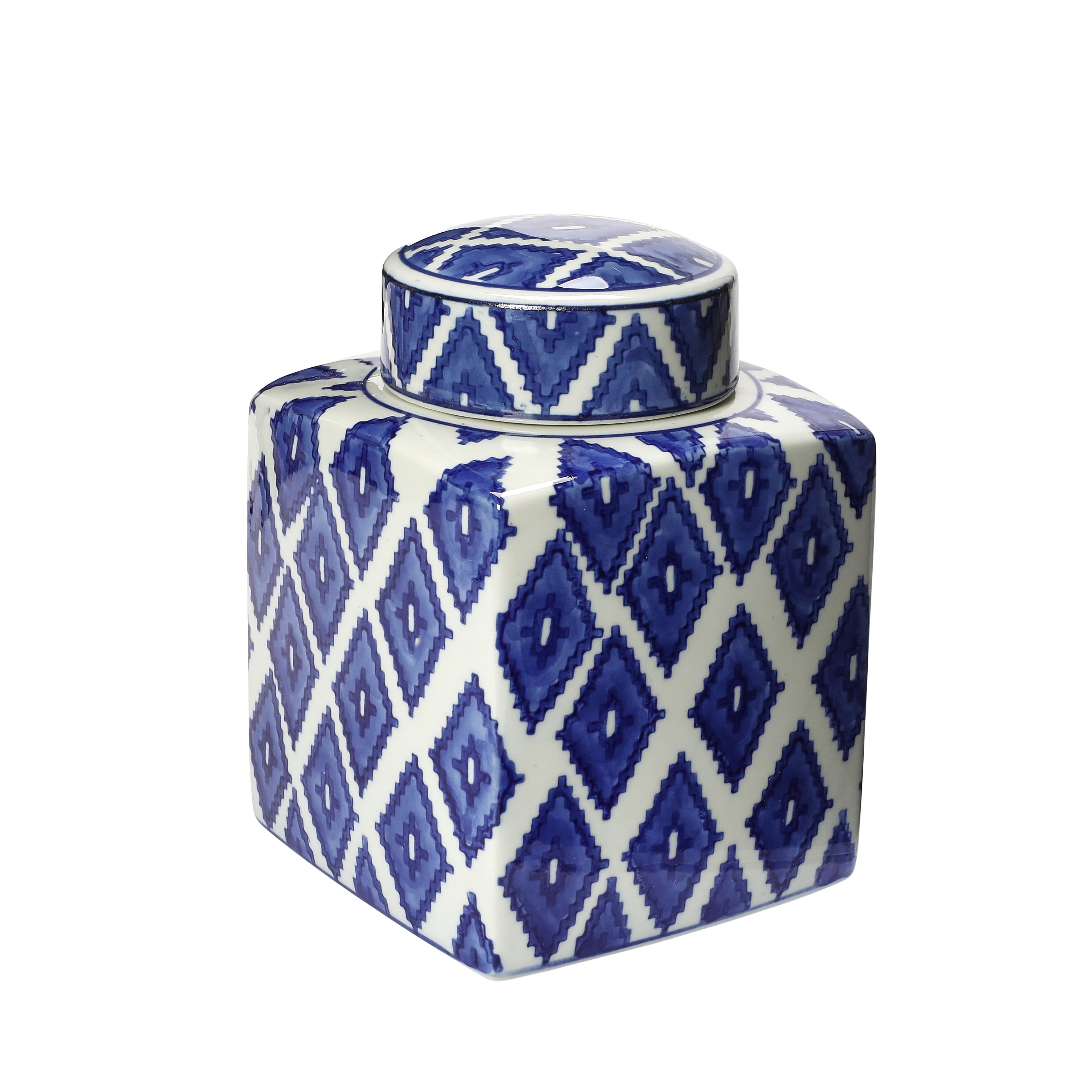 Blue and White Ceramic Diamond Pattern Ginger Jar with Lid