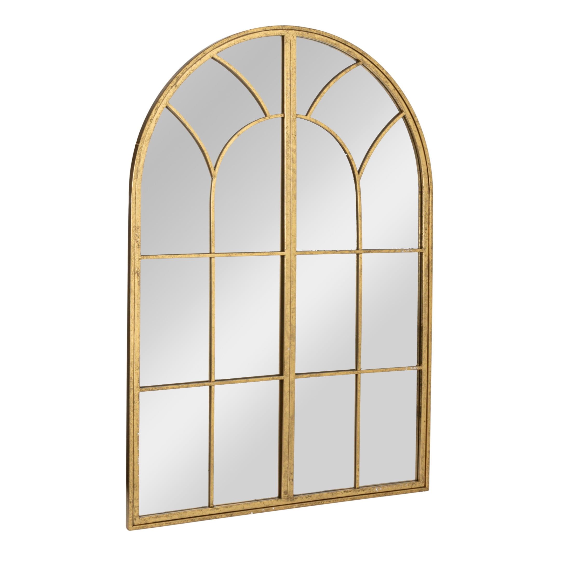 Gold Arched Windowpane Wall Mirror with Wood Frame