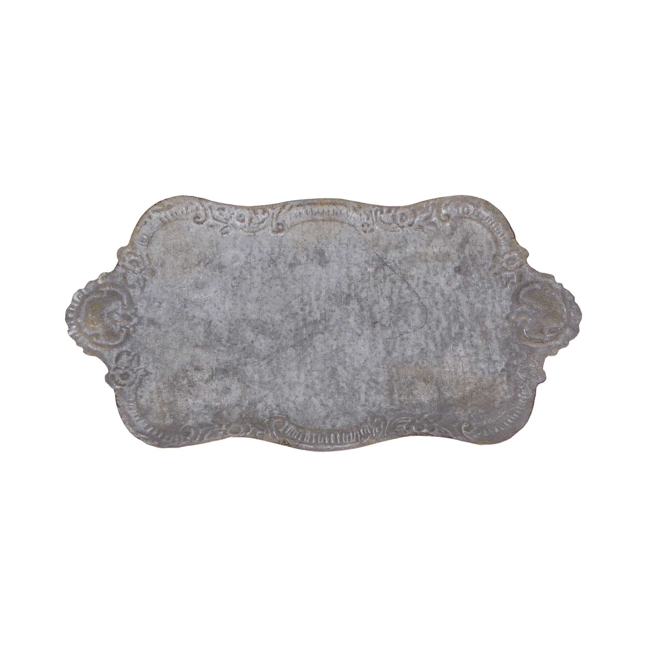 Distressed Gray Ornate Metal Decorative Tray