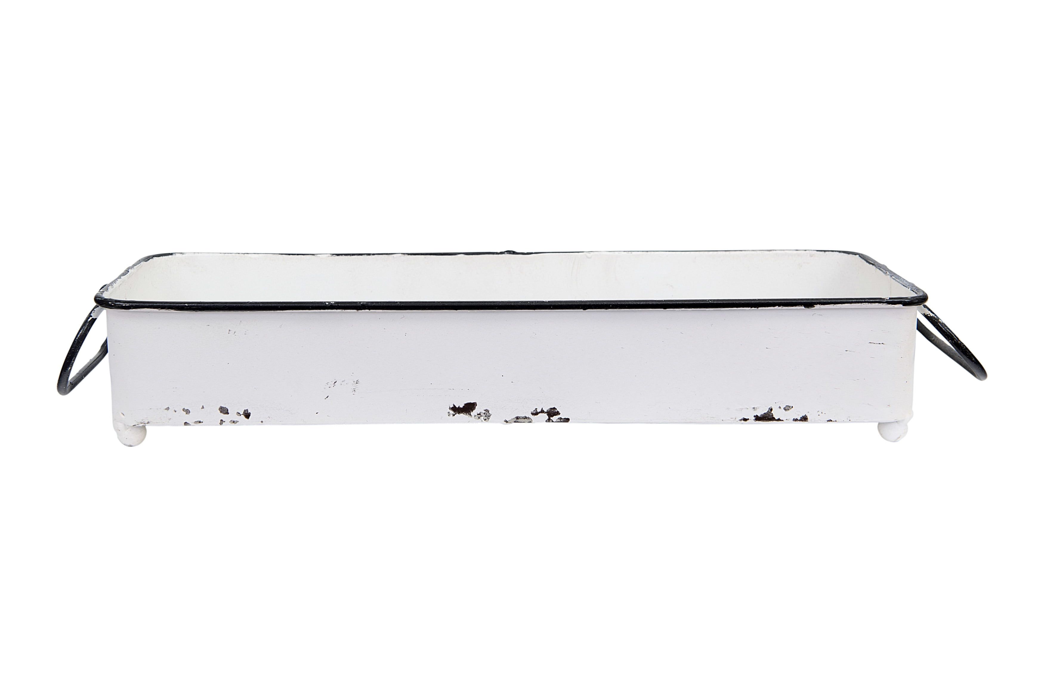 Distressed White Metal Rectangular Tray with Handles