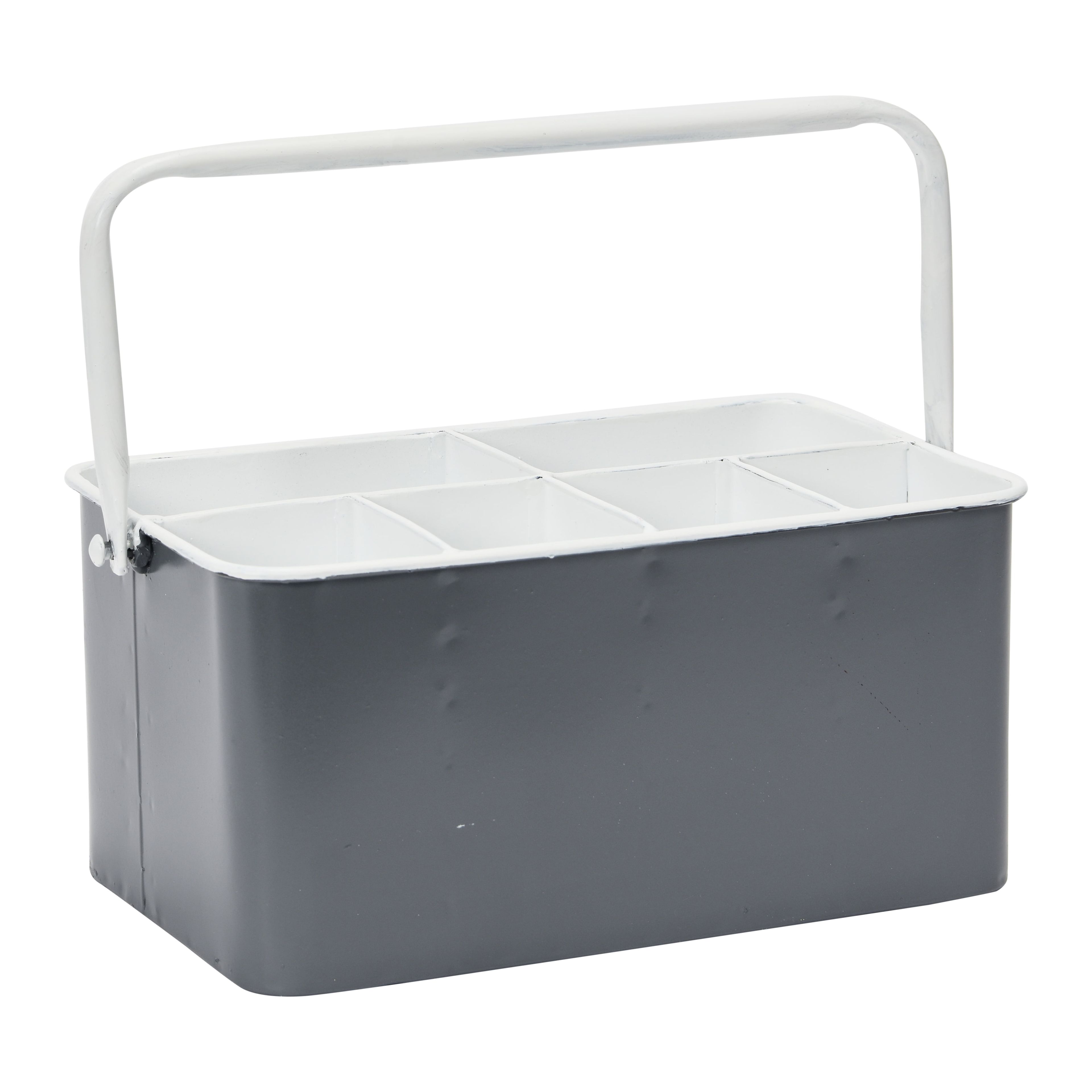 Distressed Gray and White Metal Storage Caddy with Handle