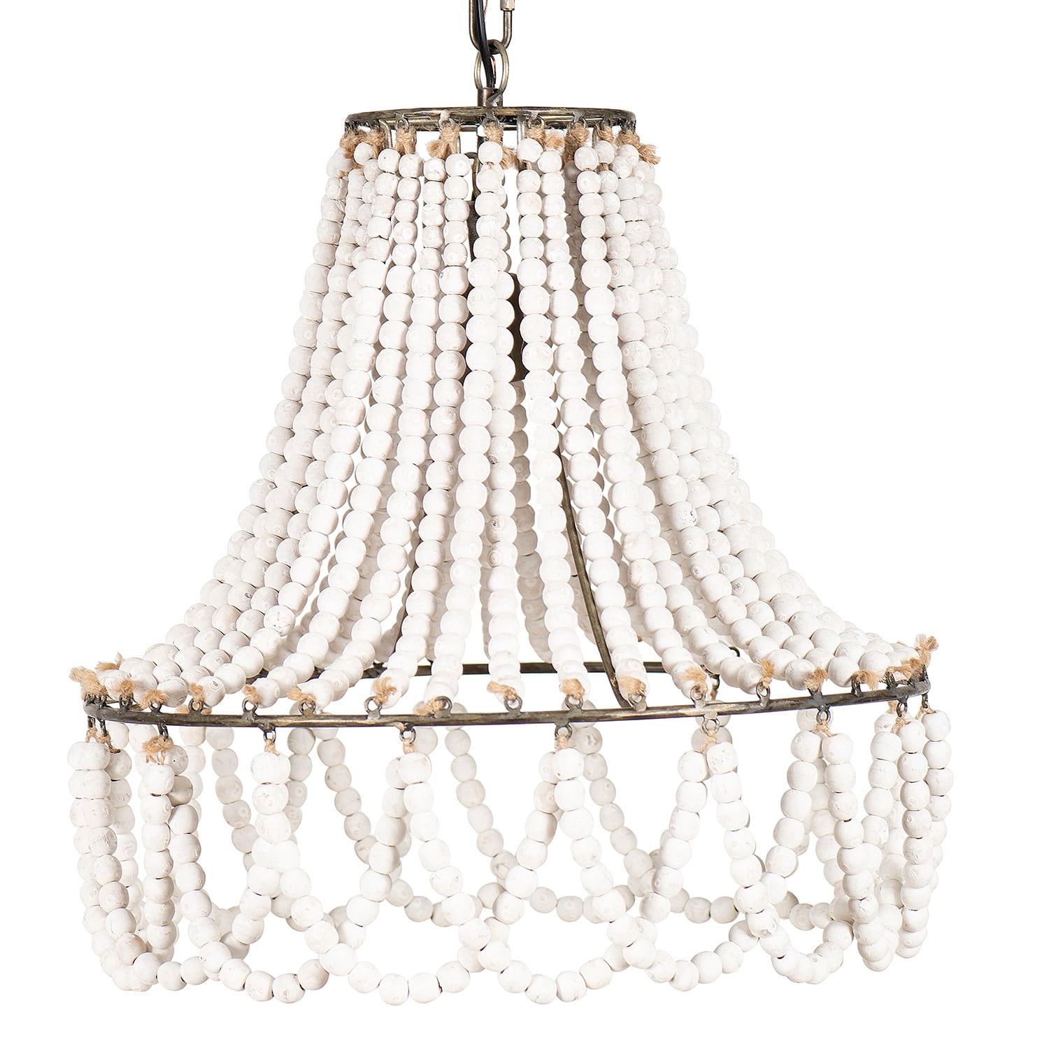 Farmhouse Chic 20" White Wood Bead & Metal Frame Chandelier