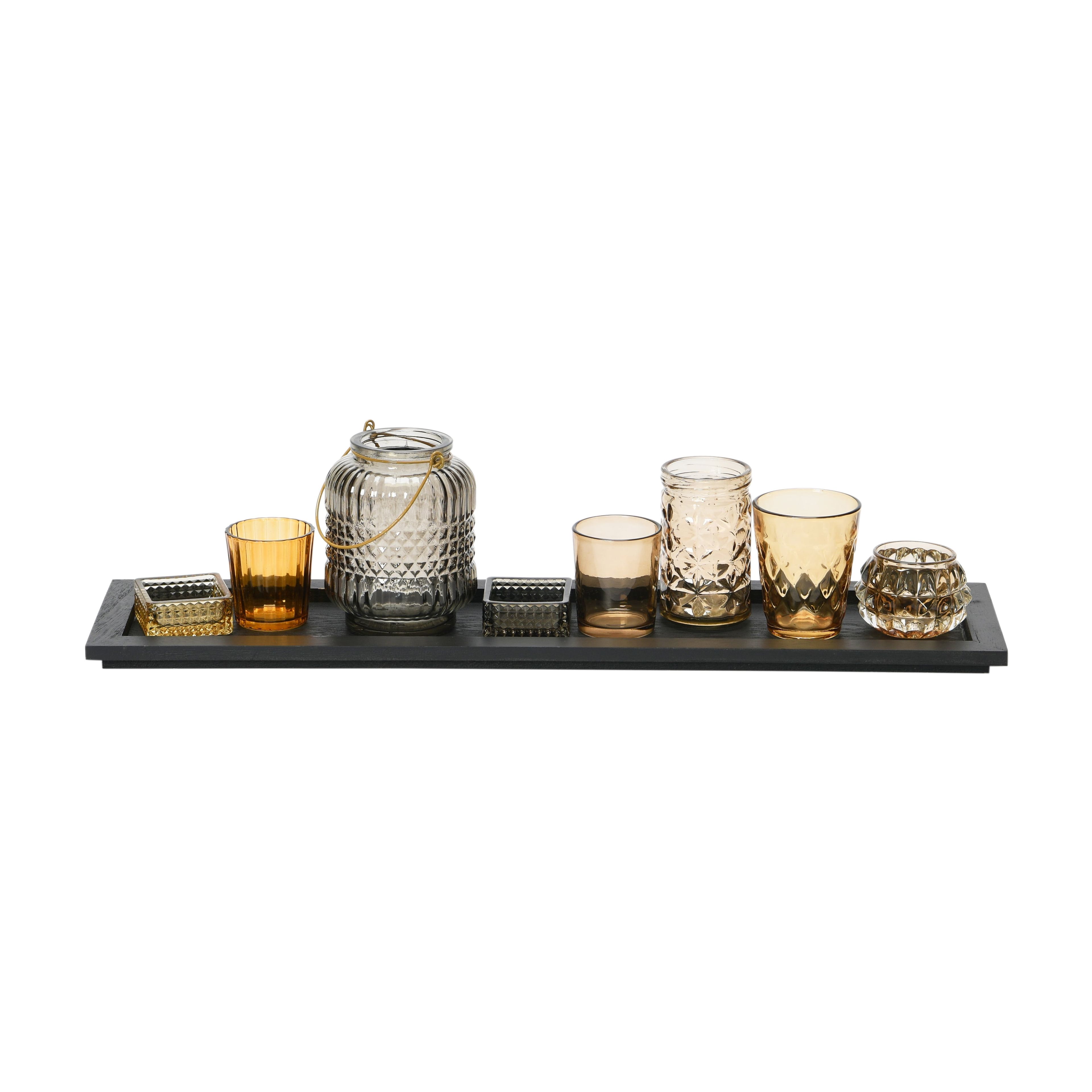 Paulownia Wood Tray with Multicolor Embossed Glass Votive Holders, Set of 8