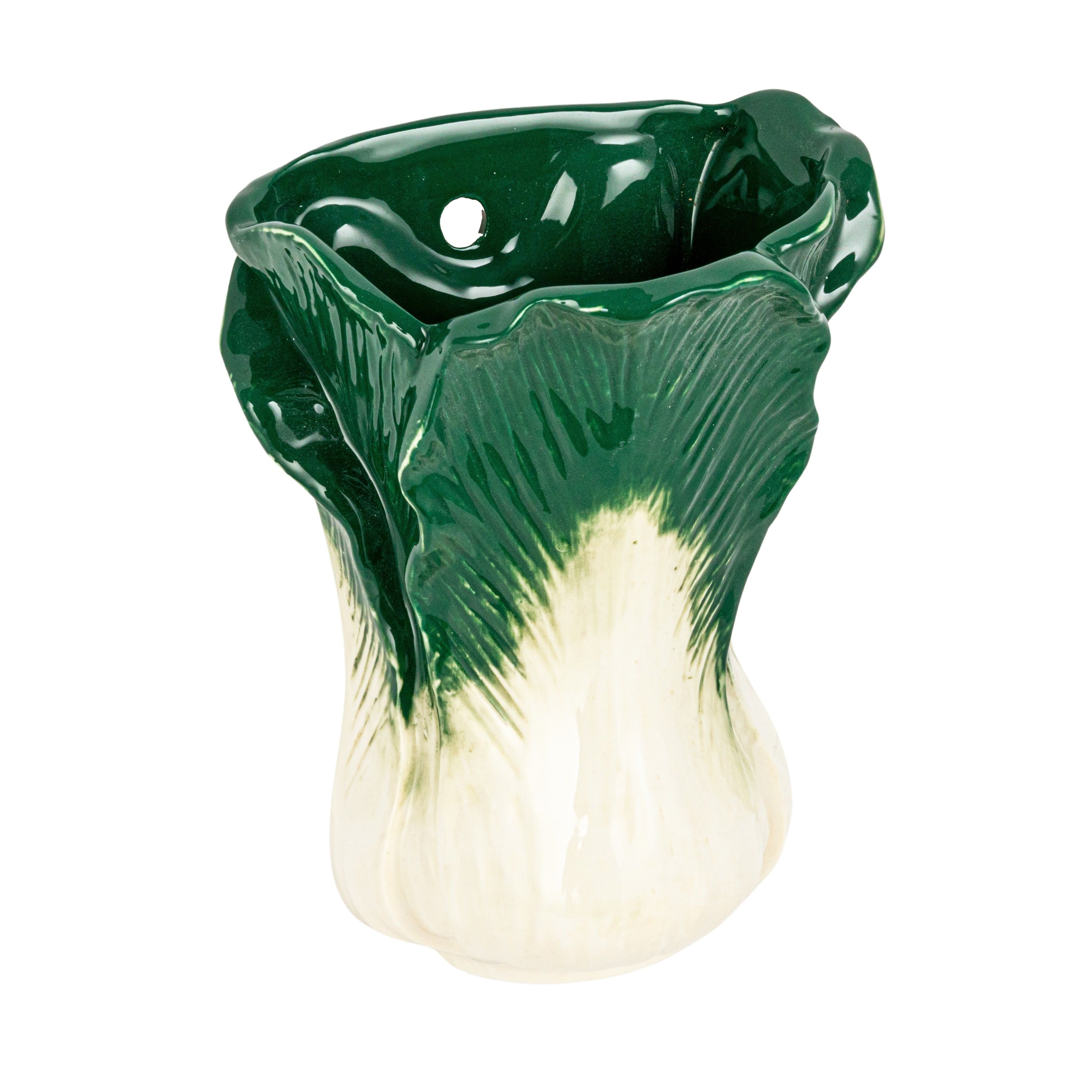 Green and White Stoneware Cabbage Shaped Wall Vase Planter