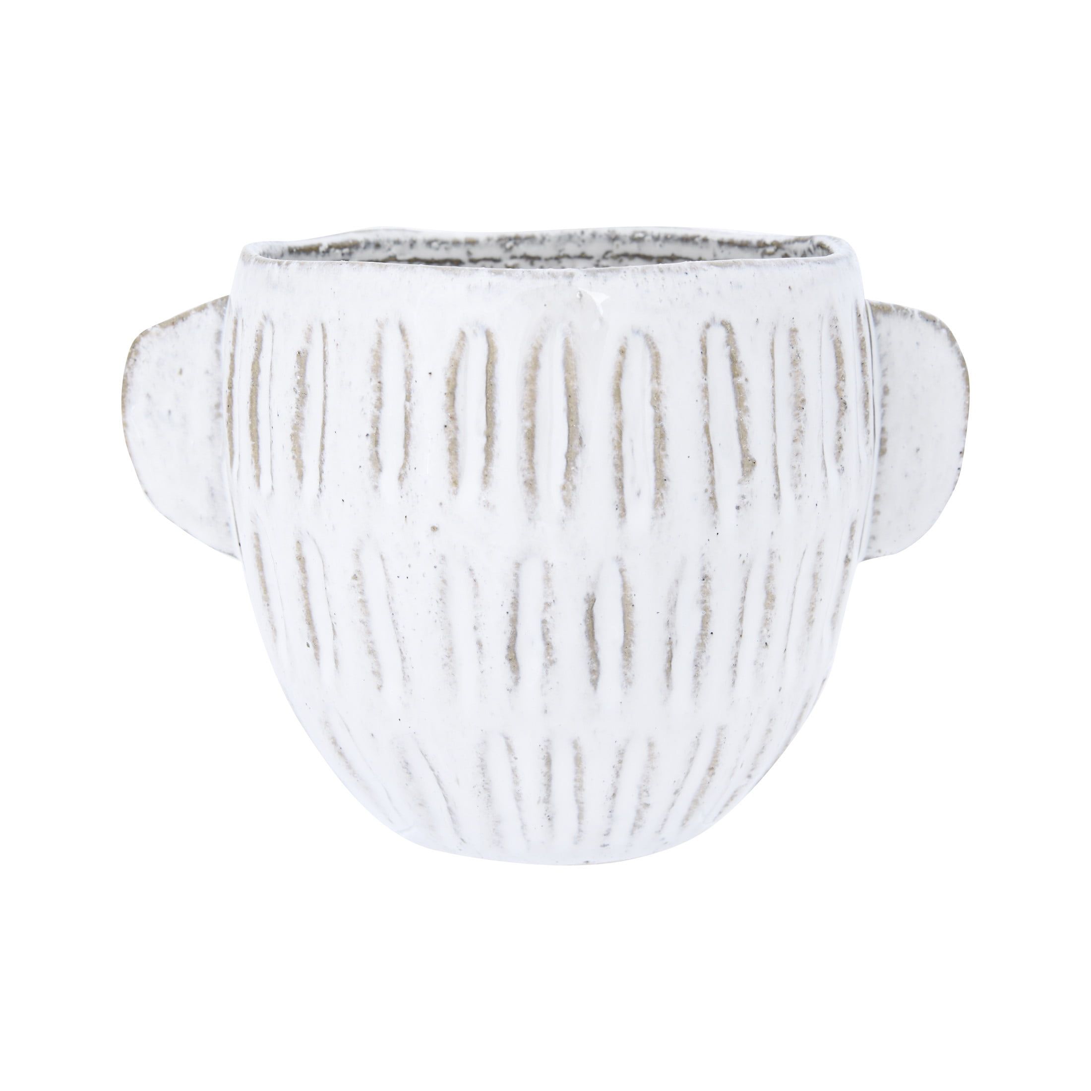 Ear-Handled Off-White Stoneware Planter with Reactive Glaze, 9.45"