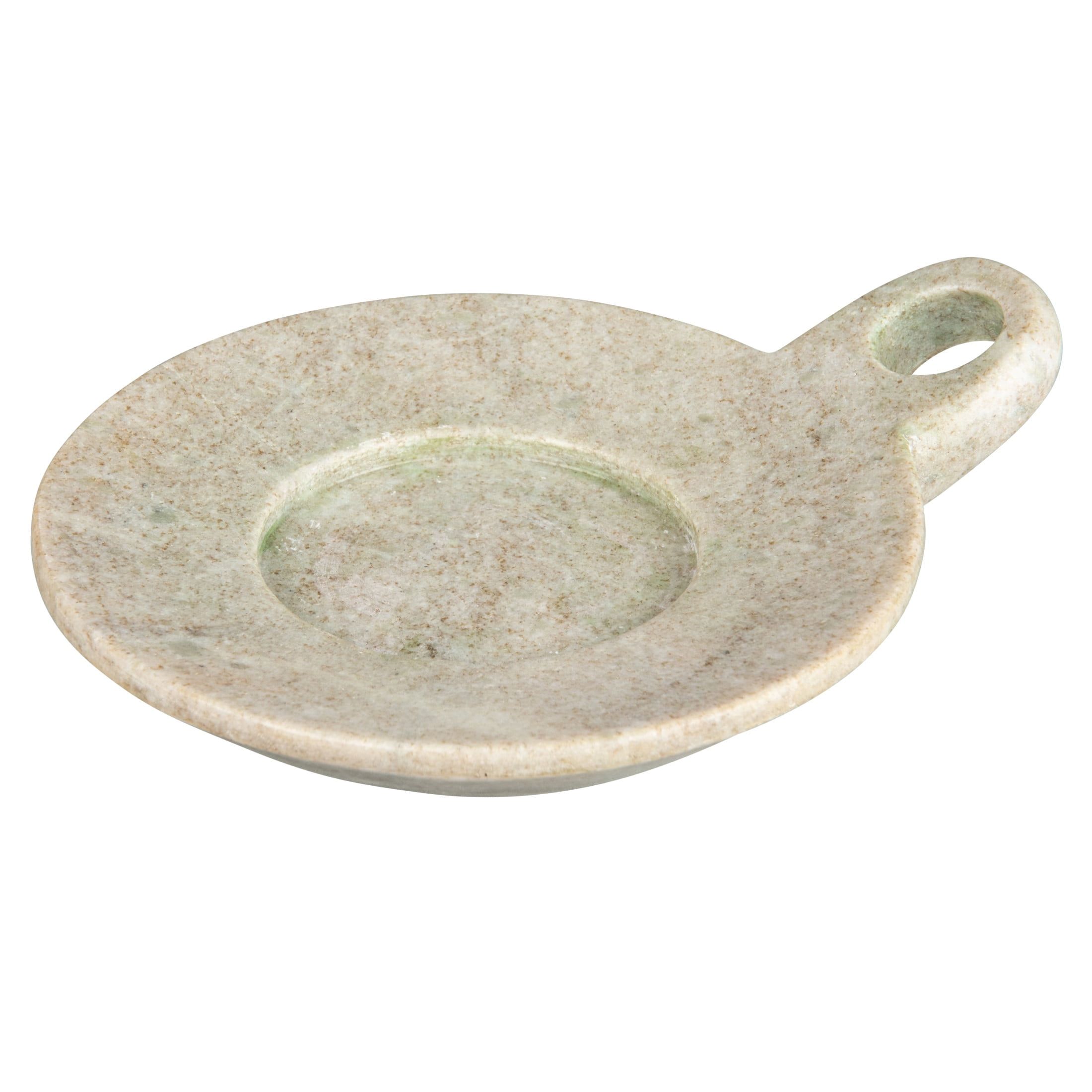 Hand-Carved Beige Marble Dish with Handle, 7.5 Inches