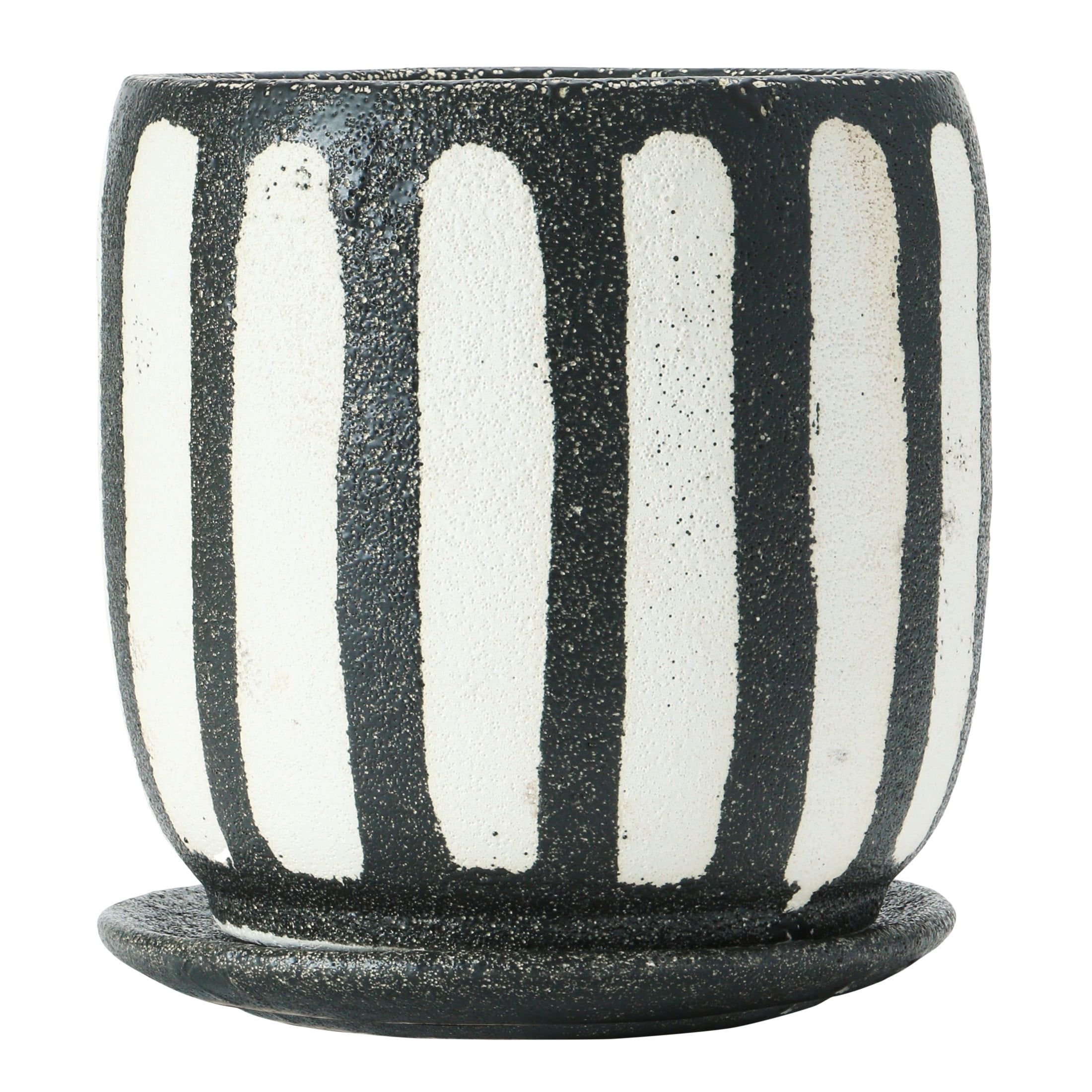 Bold Hand-Painted Black & White Terra-cotta Planter with Saucer, 7.5"