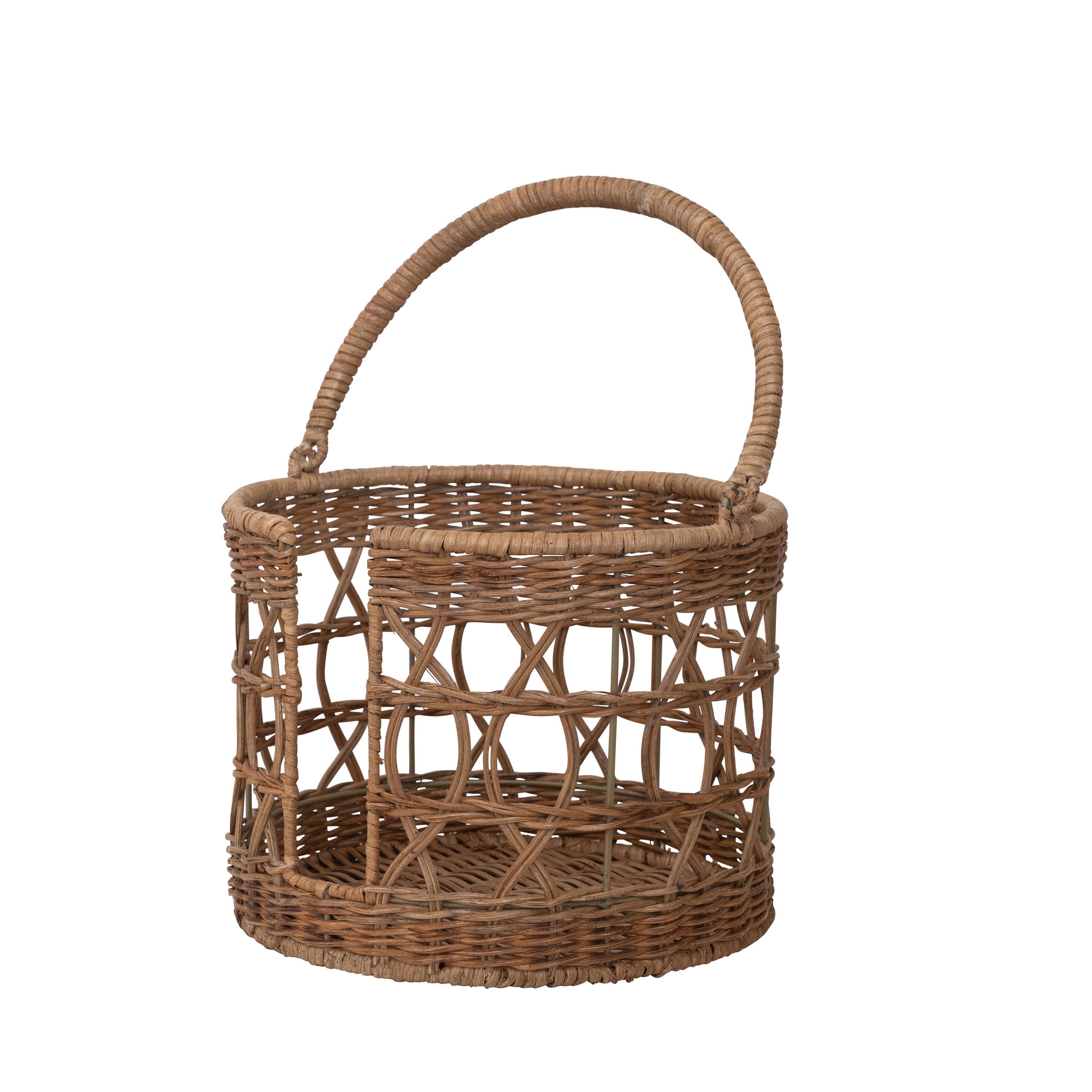 Natural Wicker Round Storage Basket with Wrapped Wood Handle