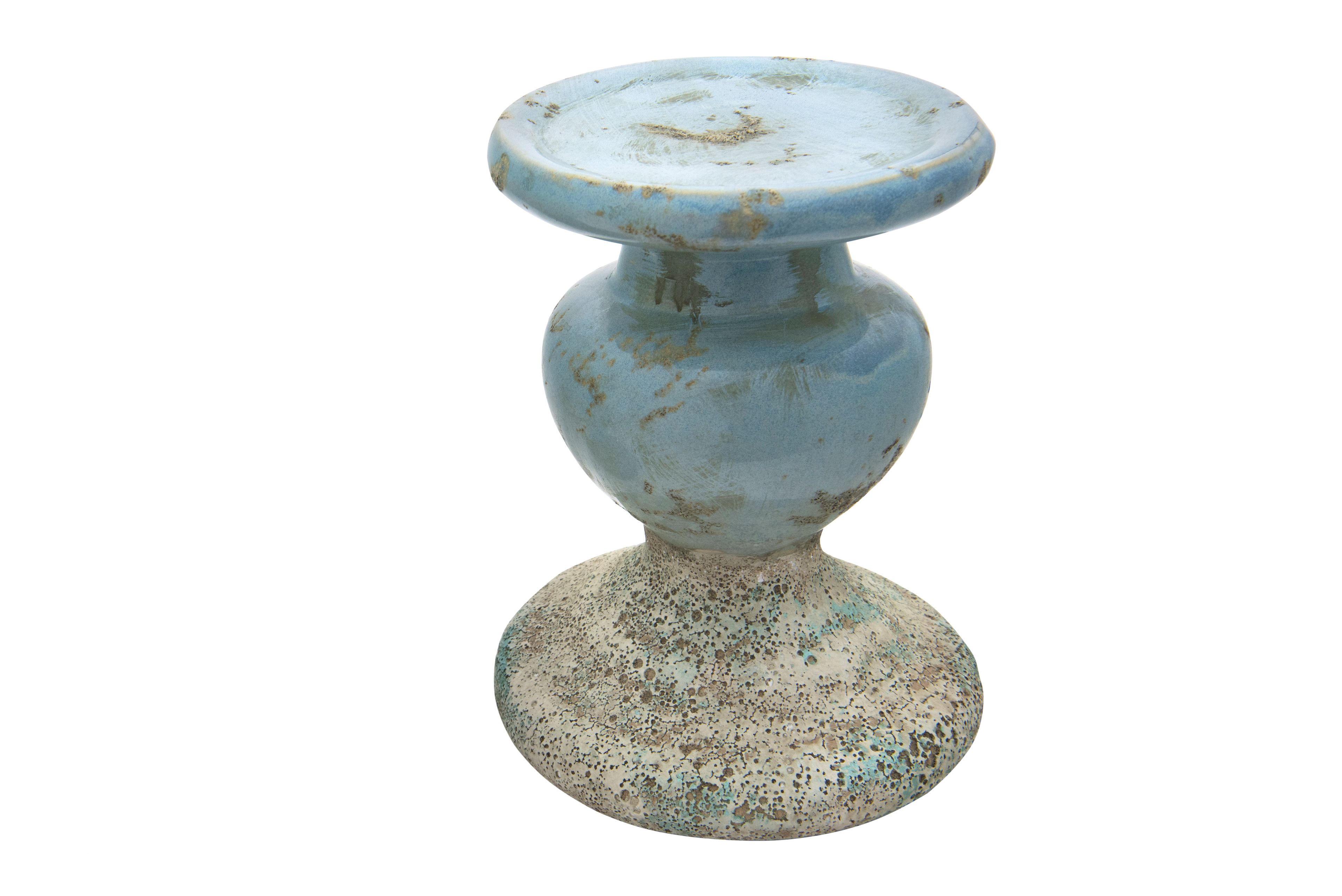 Distressed Blue Glazed Ceramic Candle Holder 5.5"x6.75"