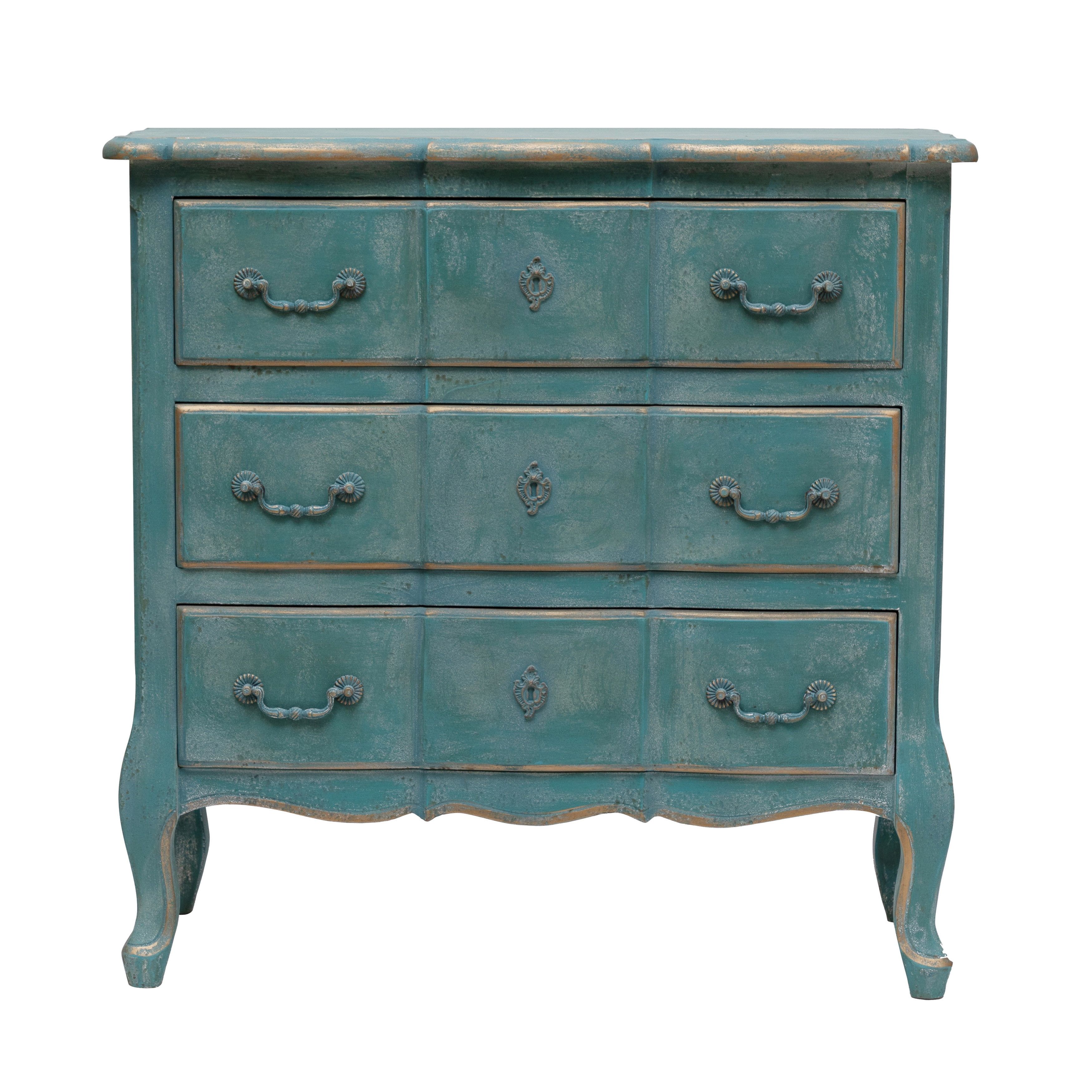 Distressed Blue Fir Wood 3-Drawer Cabinet with Gold Edging