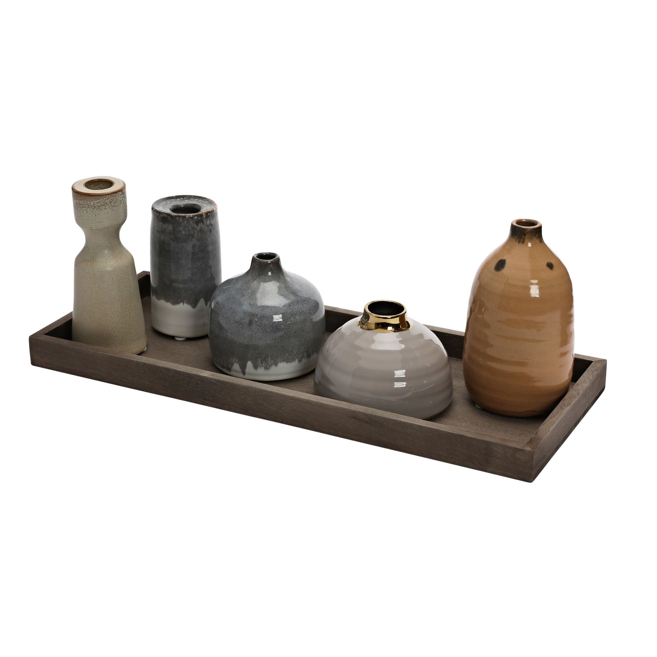Multicolor Stoneware Vases on Mango Wood Tray Set
