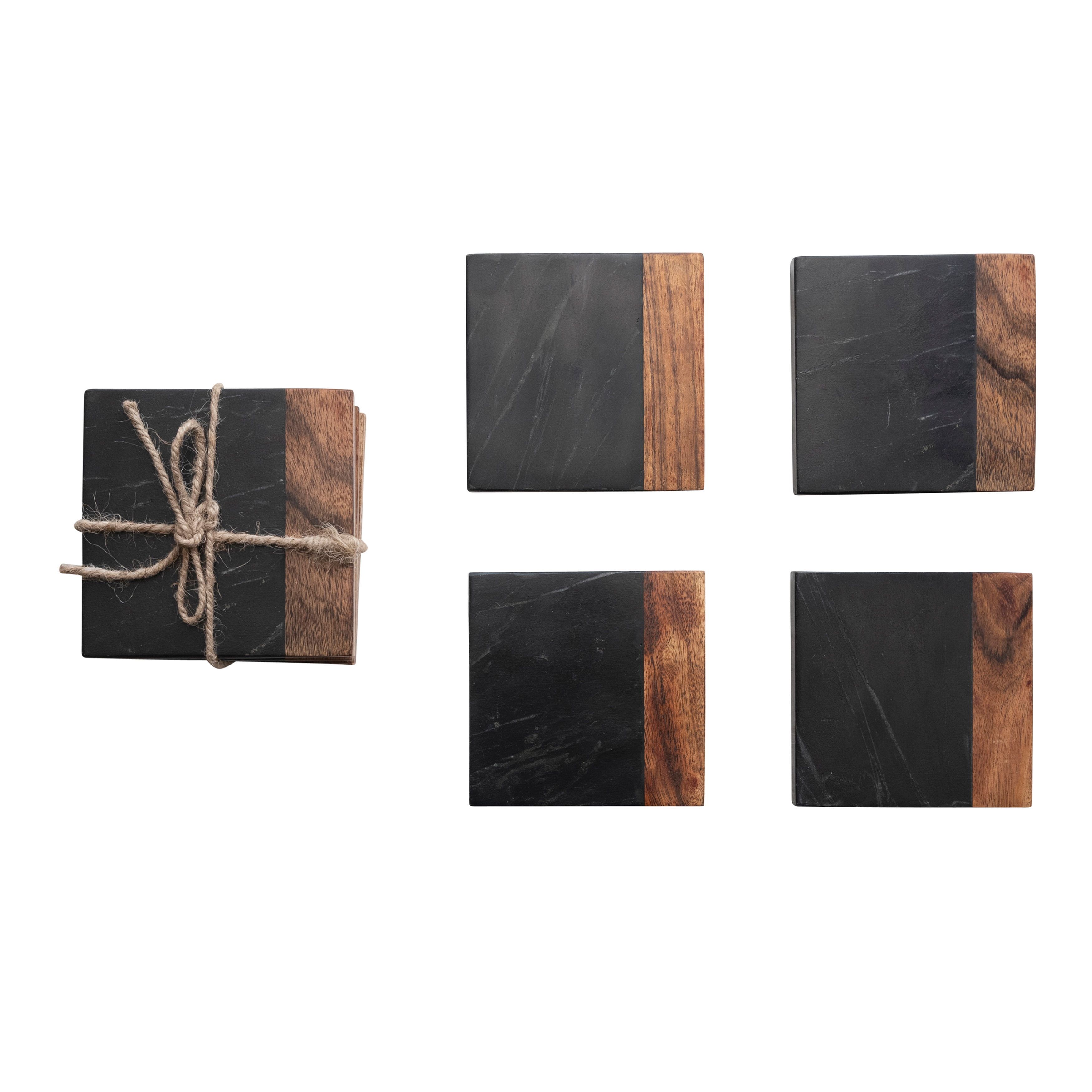 Black and Natural Marble Acacia Wood Coaster Set