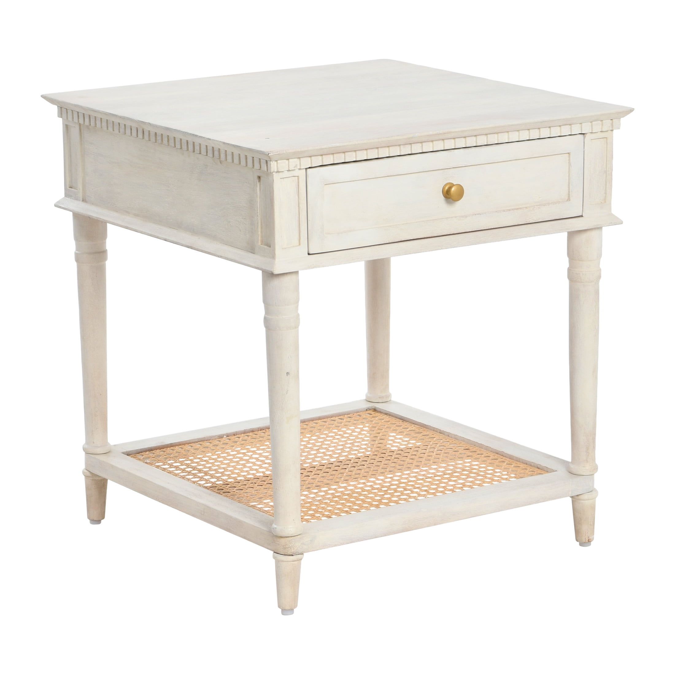 Distressed White Wood End Table with Cane Shelf and Drawer