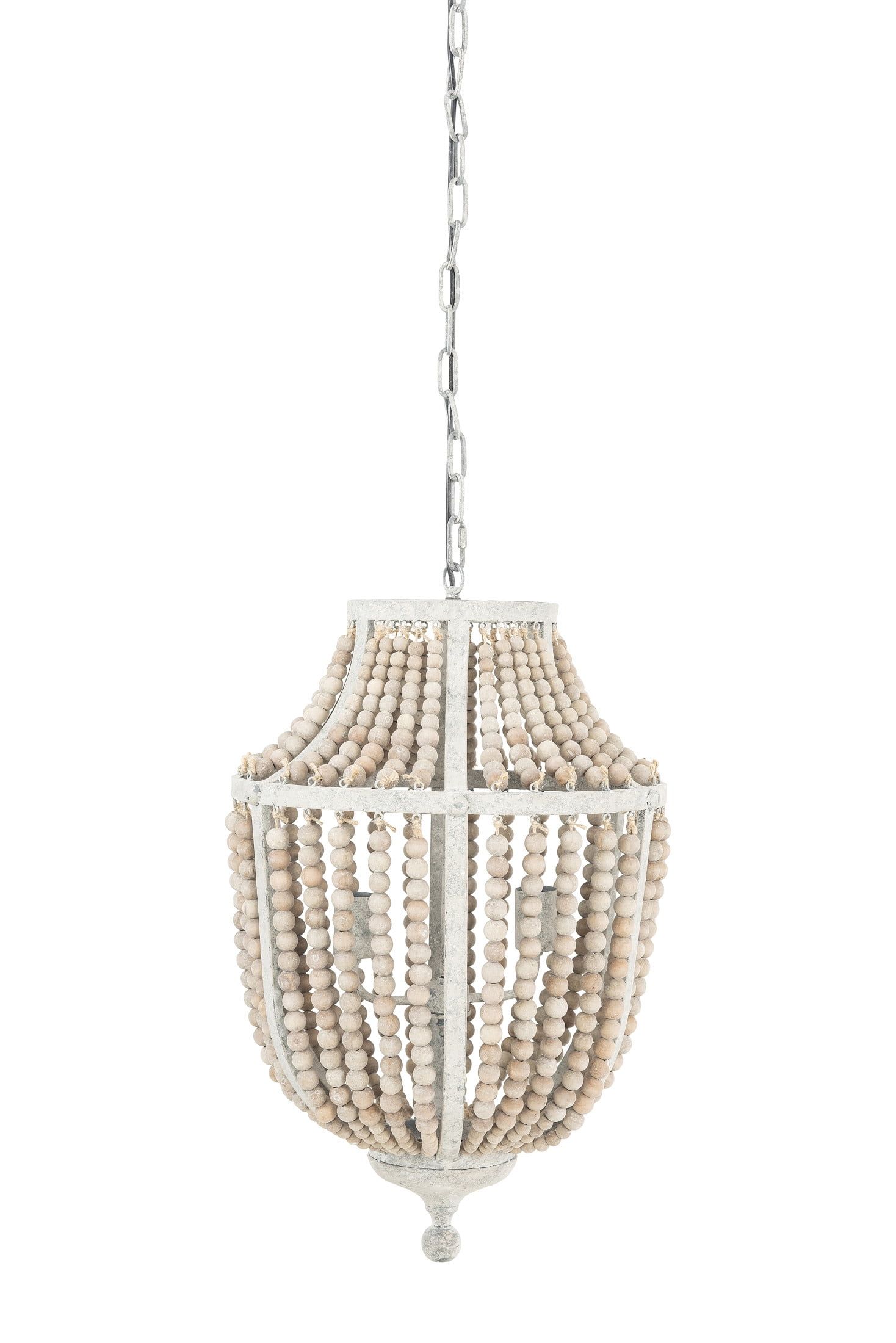 Distressed White Wood Bead & Metal Chandelier for Coastal Charm