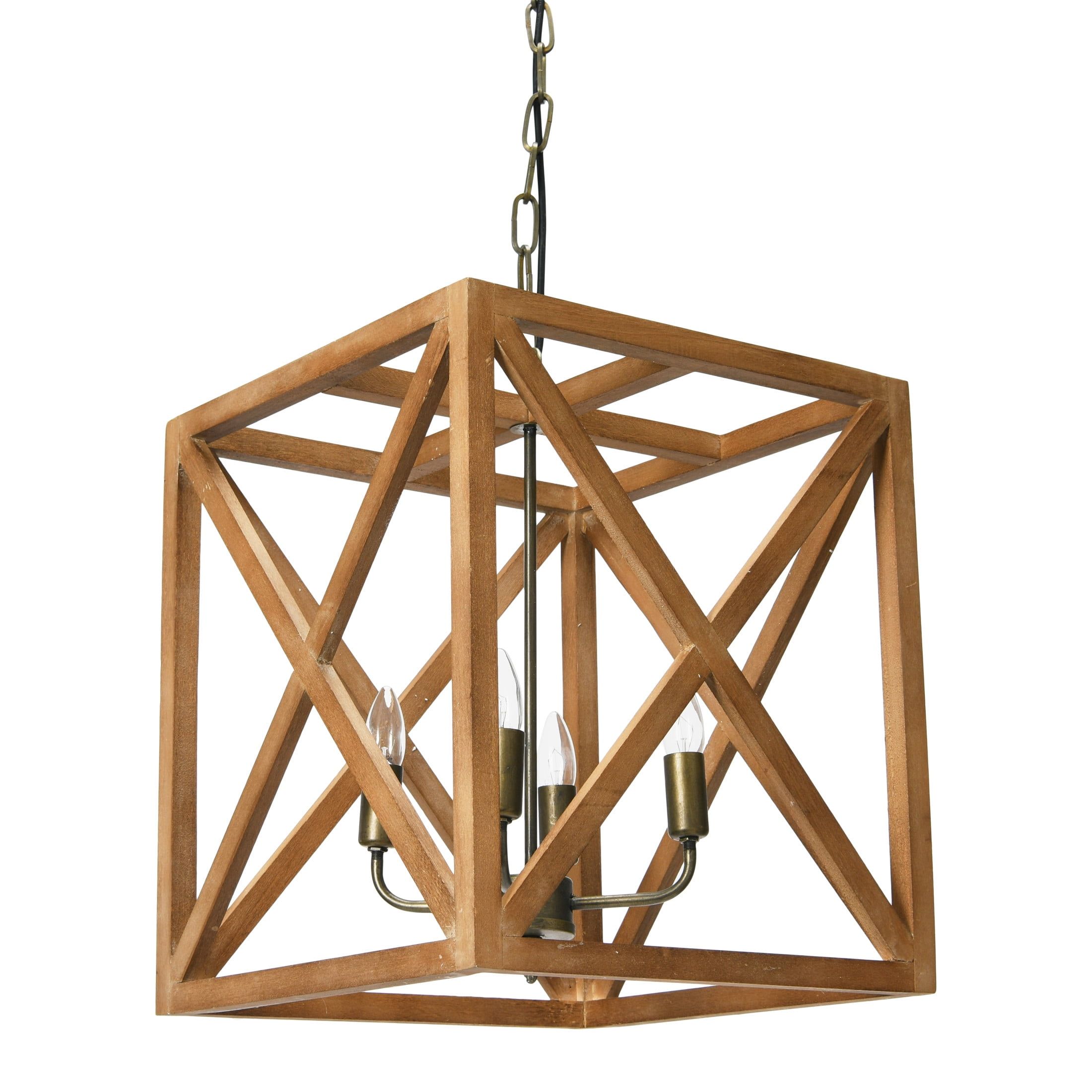 Natural Brown Wood and Metal Cage Chandelier, 4-Bulb