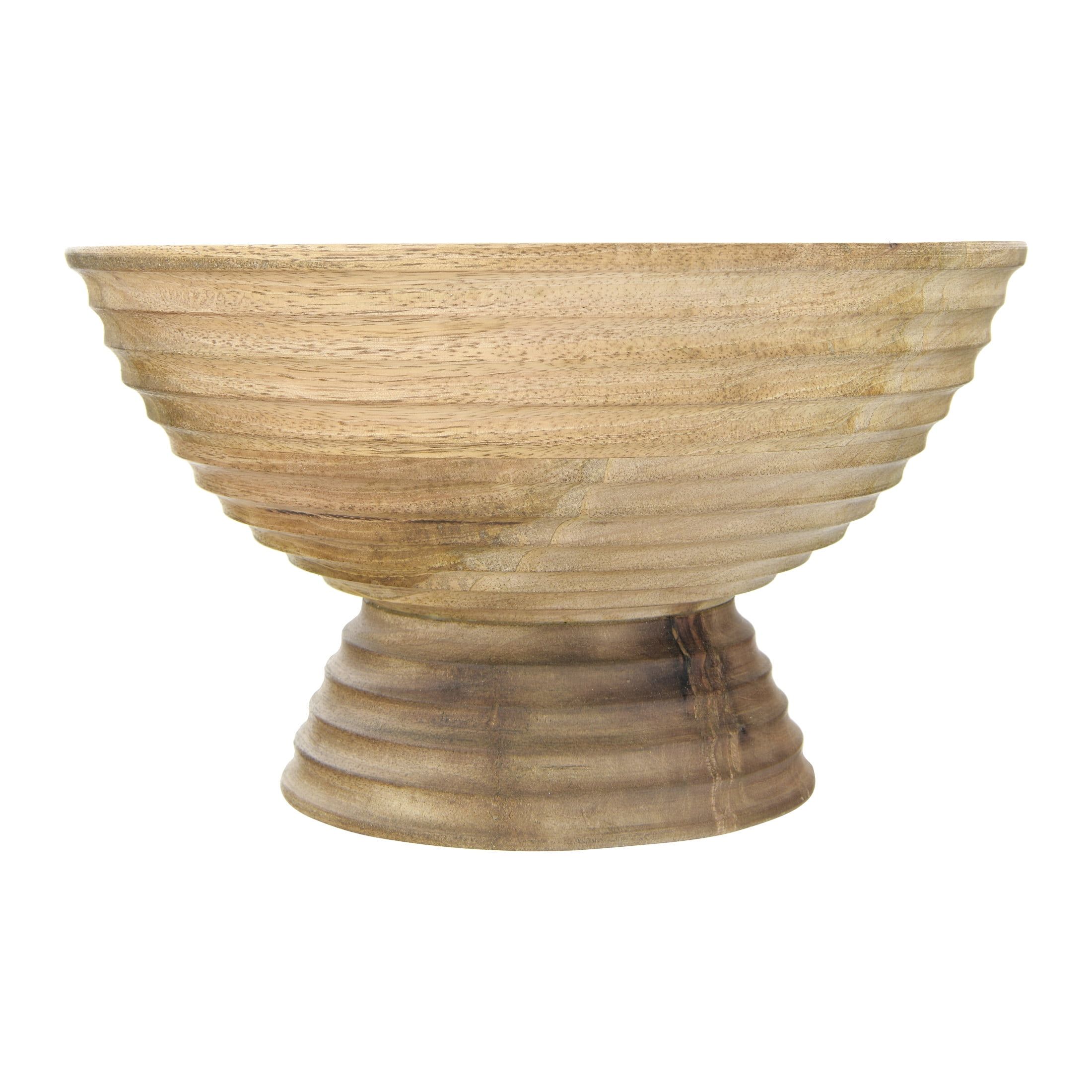 Natural Mango Wood Ridged Footed Serving Bowl