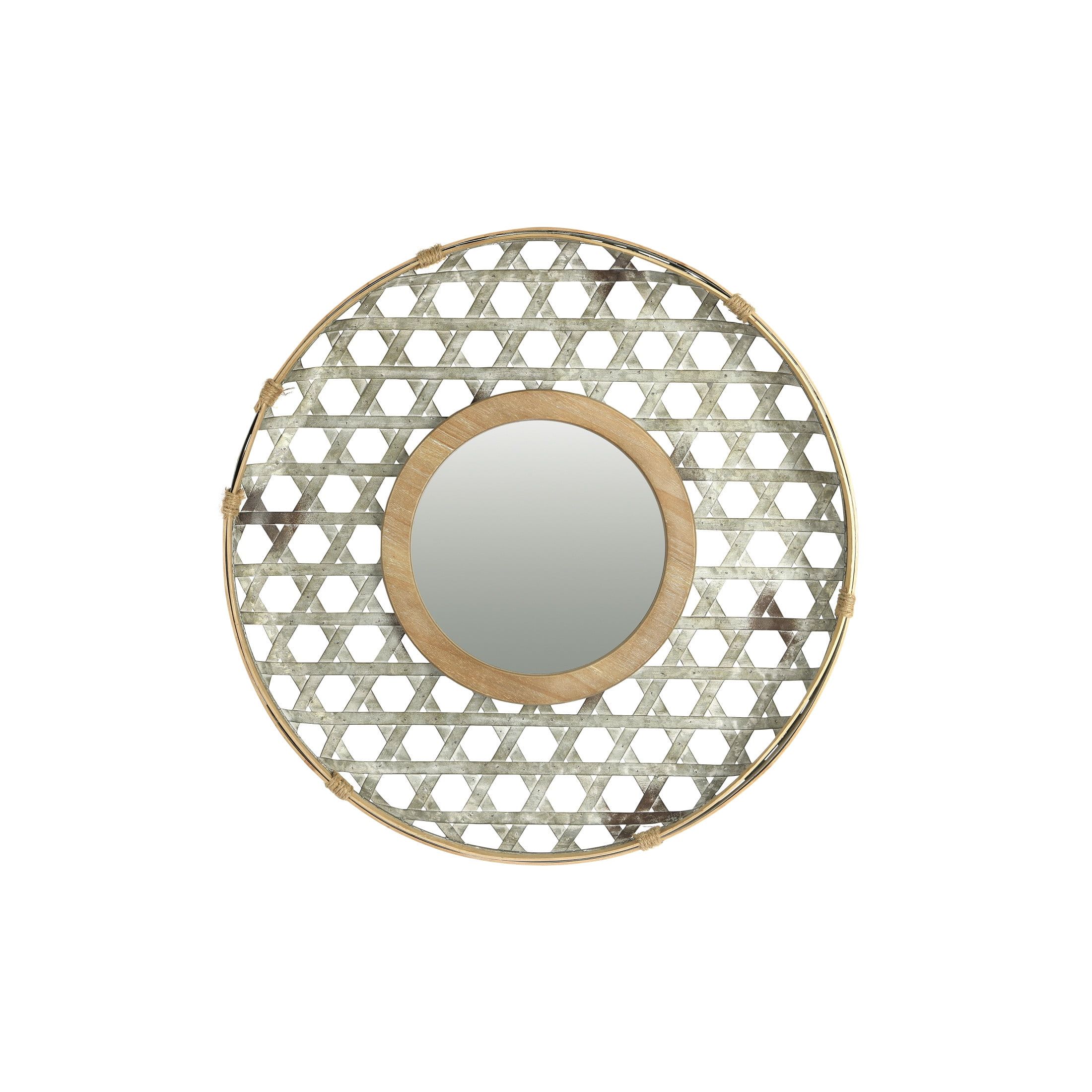 Round Wood and Silver Lattice Wall Mirror