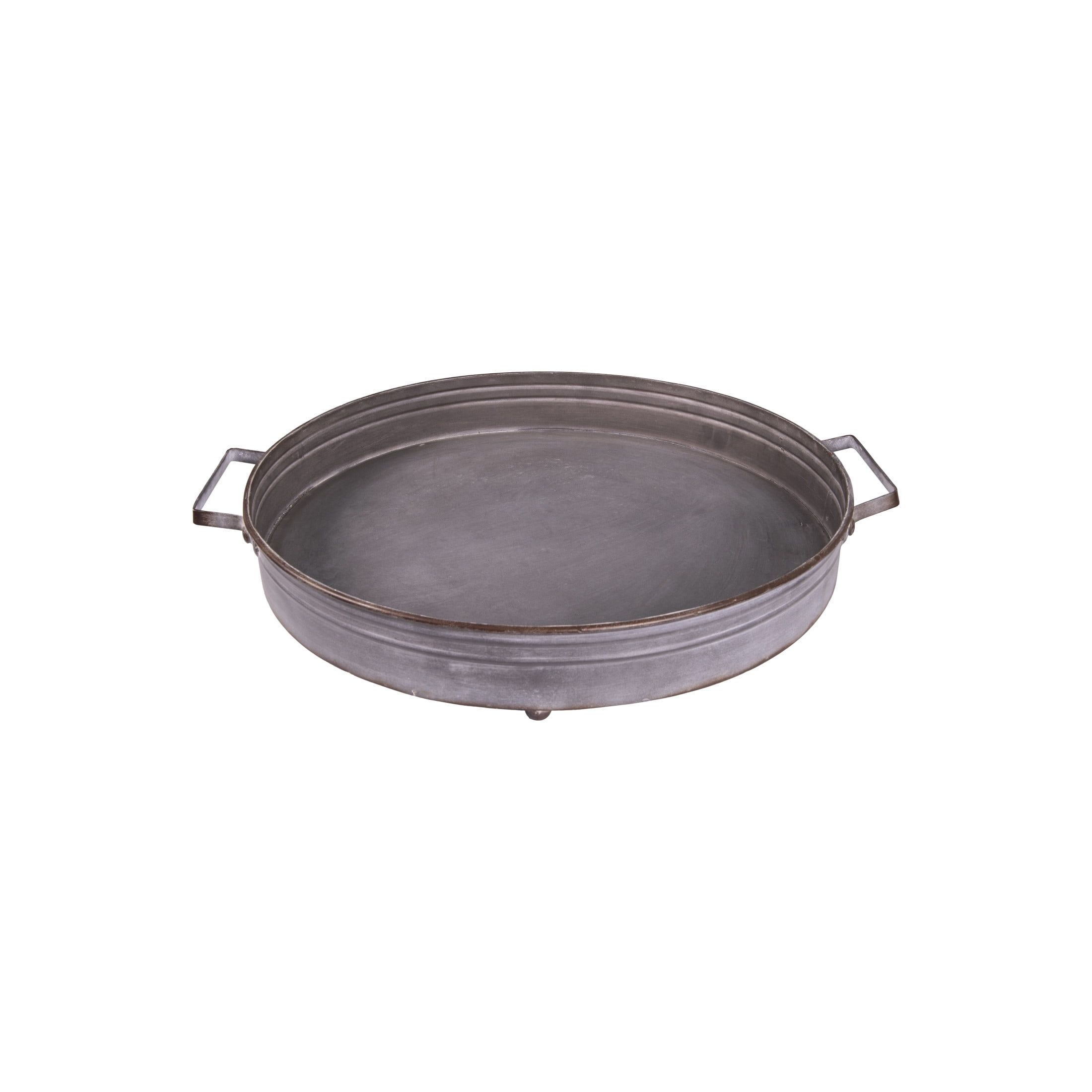 Round Gray Metal Decorative Tray with Handles