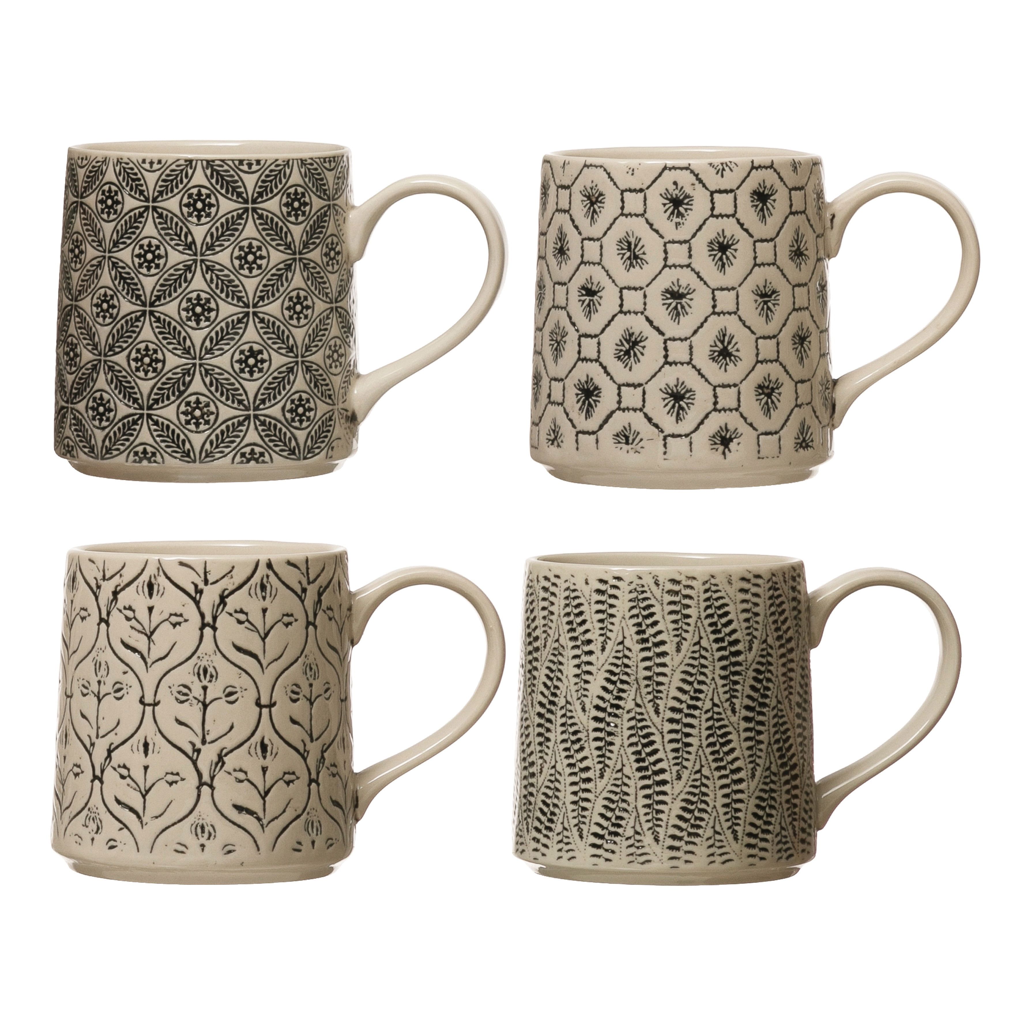 Set of 4 Black and Beige Ceramic Embossed Mugs