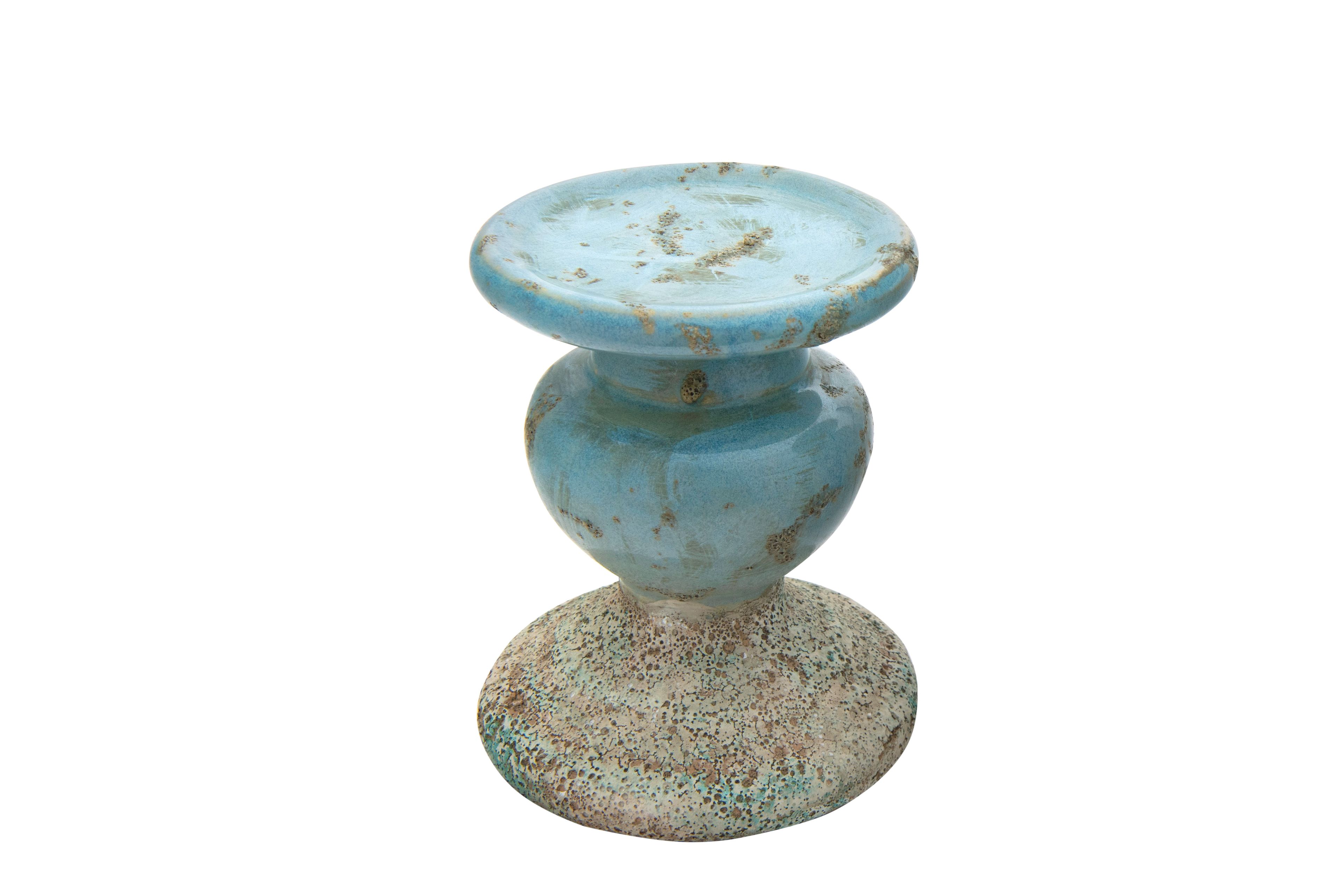 Small Distressed Blue Ceramic Pillar Candle Holder