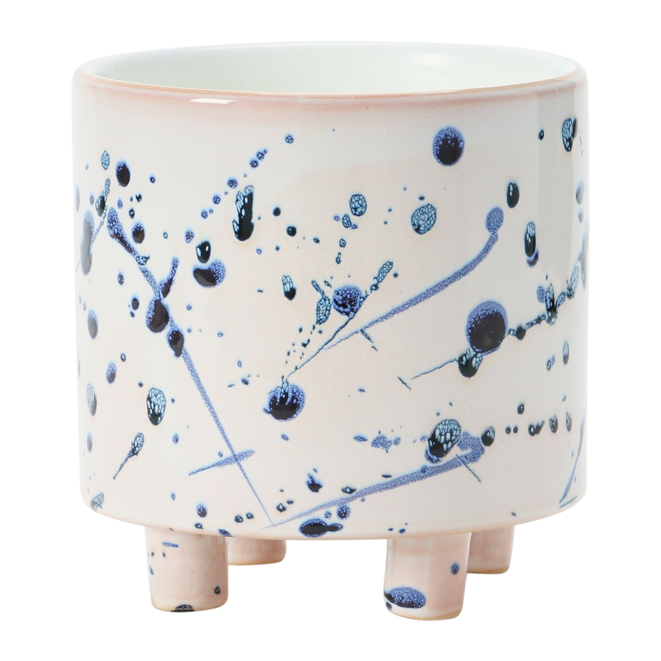 White and Blue Stoneware Footed Planter with Splatter Design