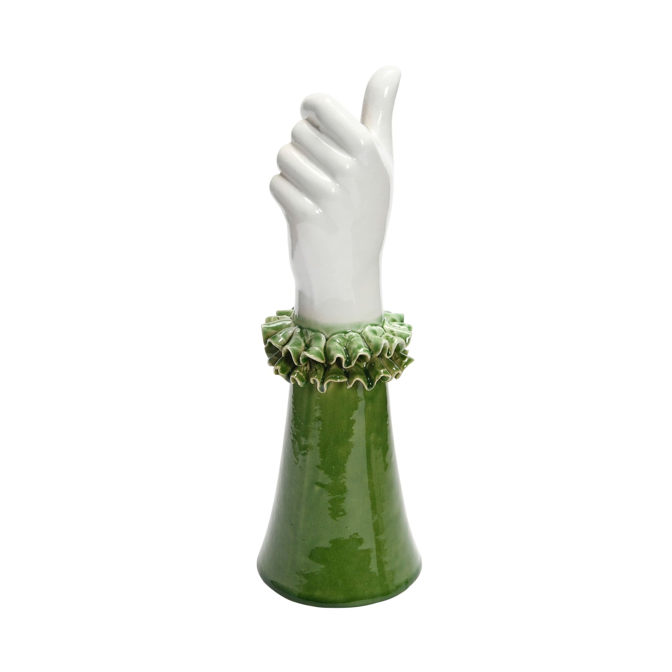 Green and White Ceramic Hand Vase with Ruffled Sleeve